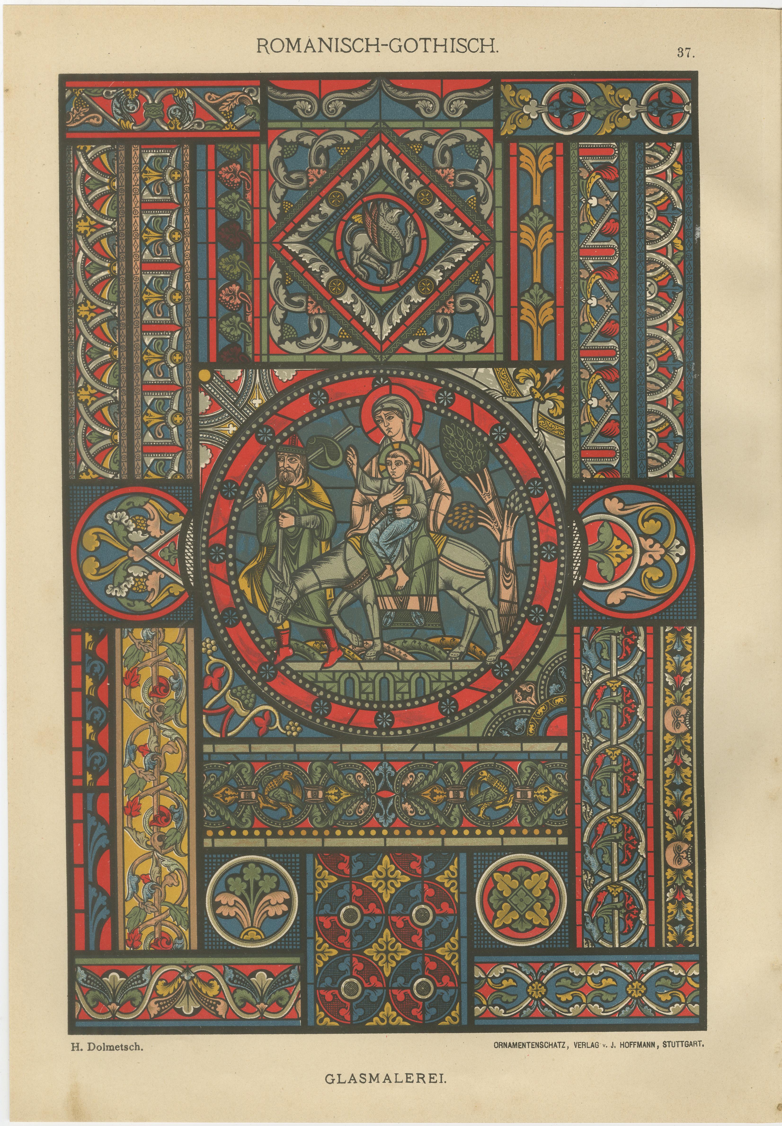 Römisch-gotische Architektur- und Bodendesigns von H. Dolmetsch, um 1880

Dieses seltene Paar von Original-Chromolithographien zeigt komplizierte romanische und gotische Entwürfe des deutschen Künstlers und Ornamenthistorikers H. Dolmetsch, die um