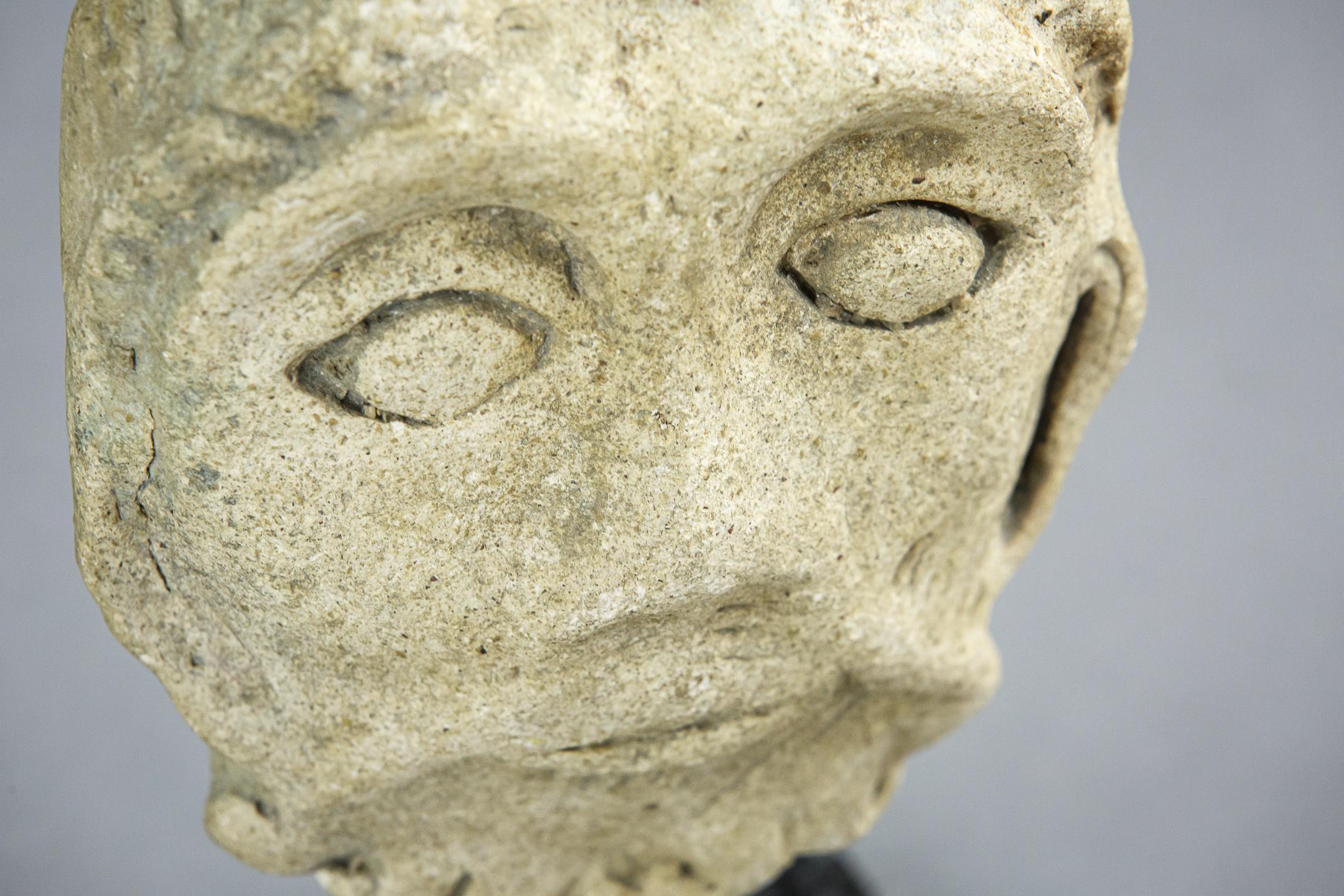 Limestone Romanesque Antique Carved Stone Head For Sale