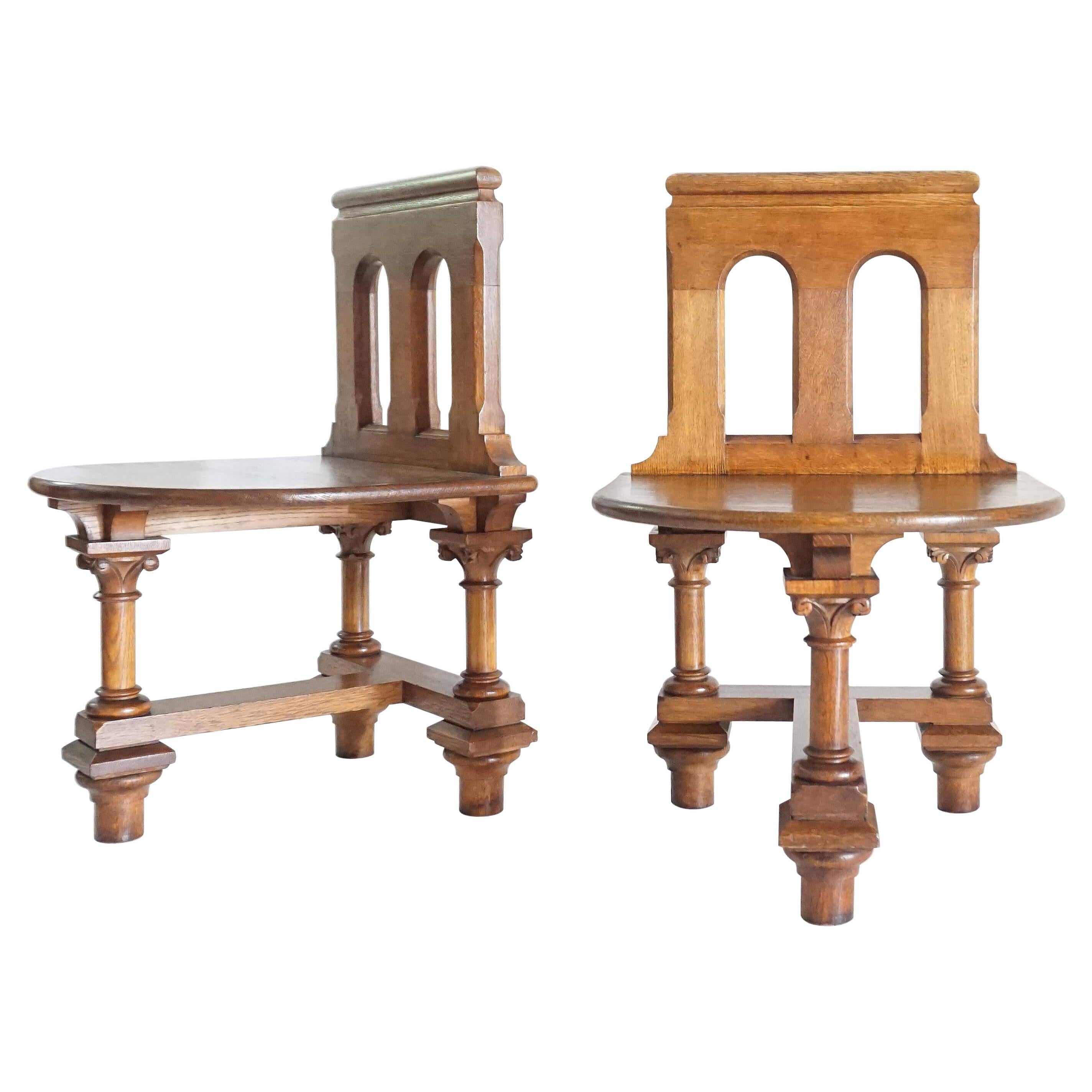 French Romanesque Revival Oak Hall Seats or Chairs, circa 1900