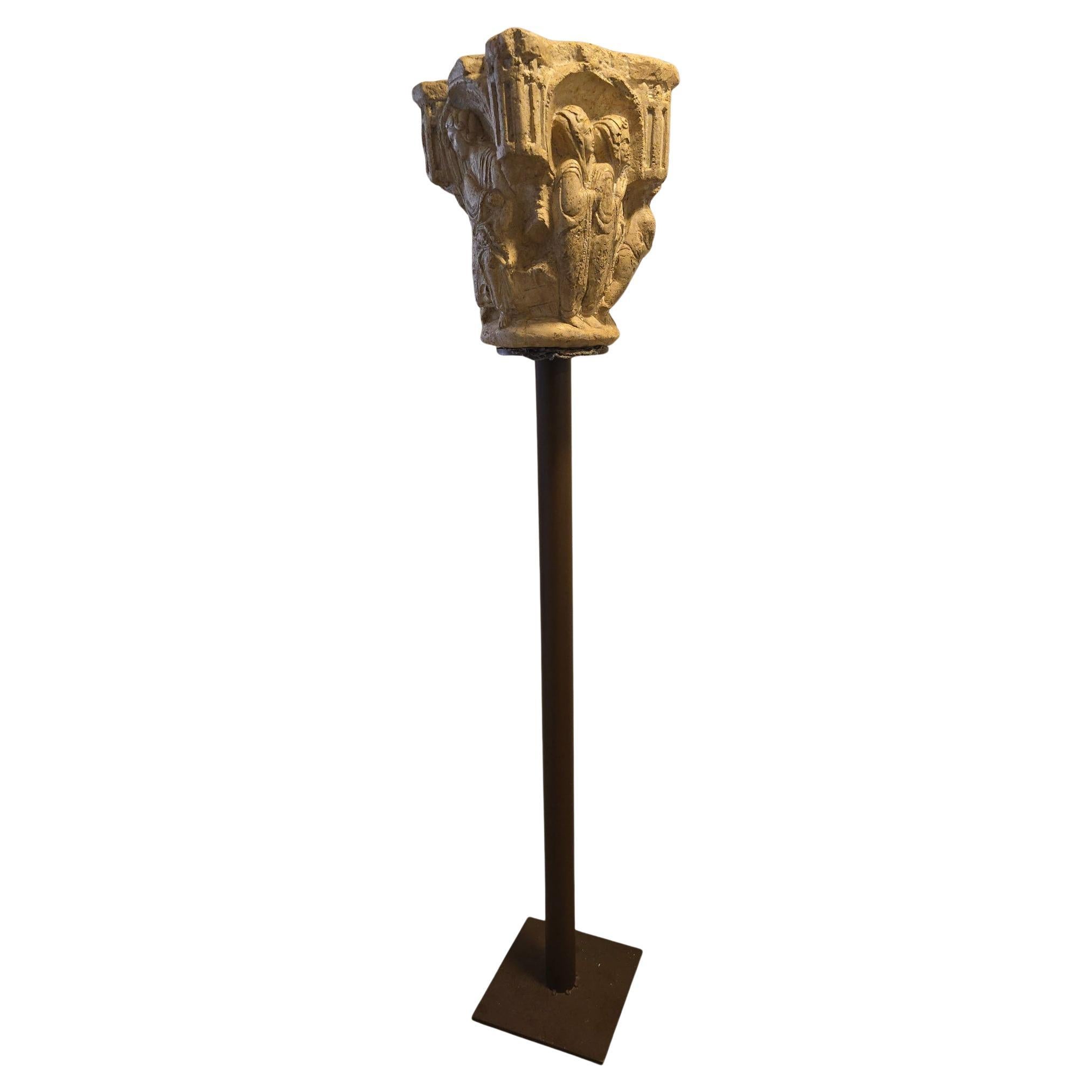 Romanesque Style Carved Stone Capital on Pedestal, 20th Century For Sale