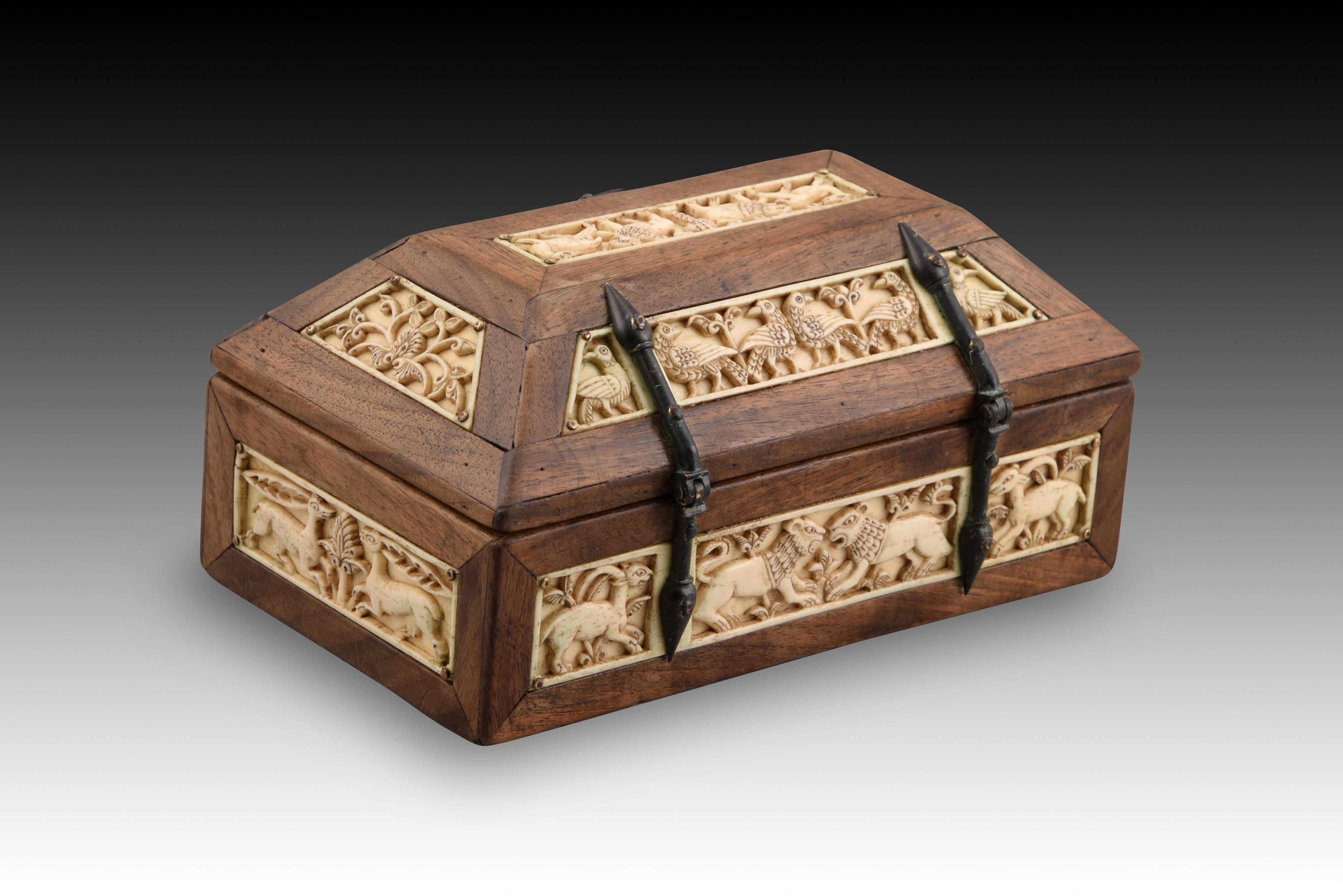 Medieval Romanesque Style Chest, Wood, Bone, Metal, Spain For Sale