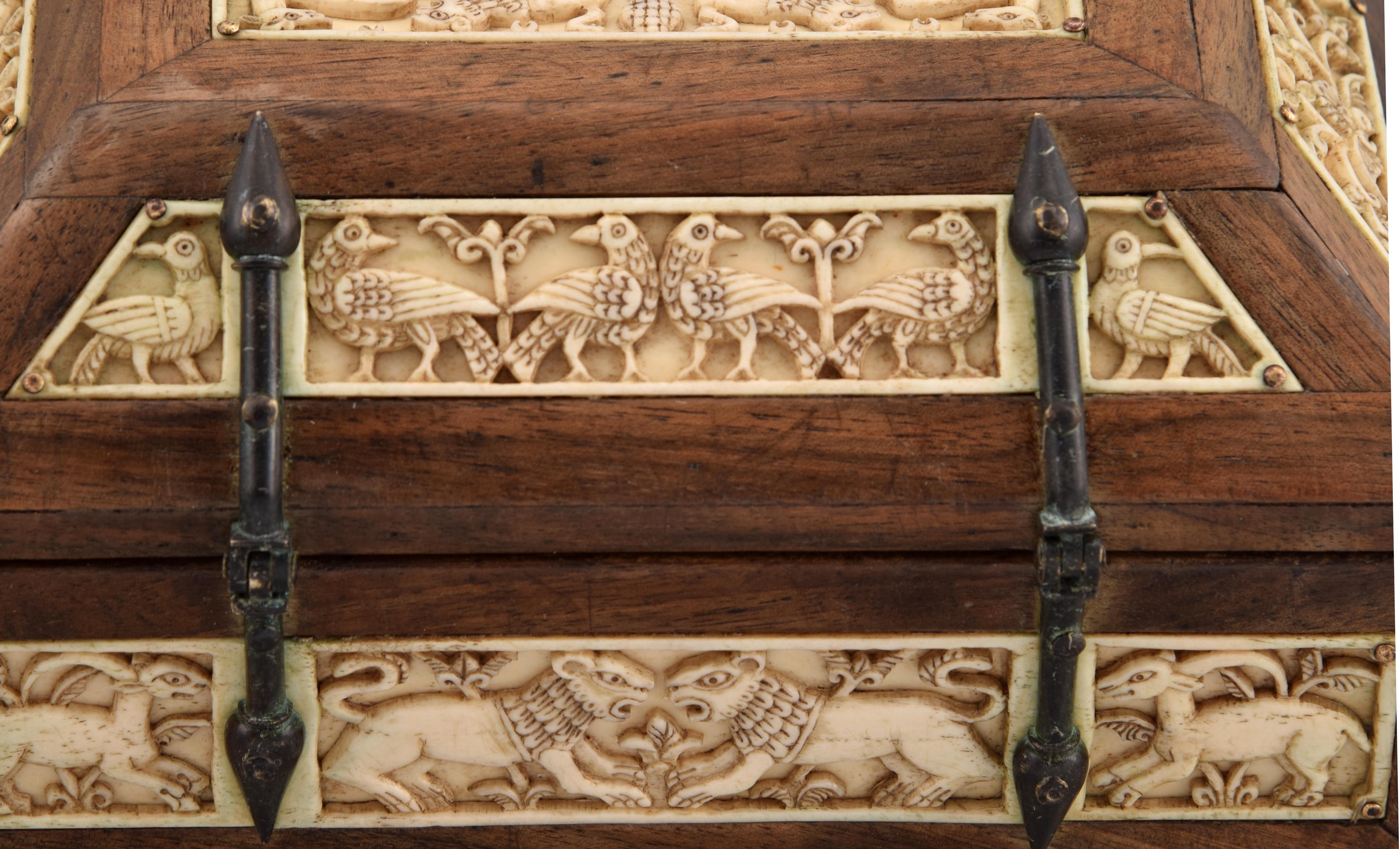 Contemporary Romanesque Style Chest, Wood, Bone, Metal, Spain For Sale