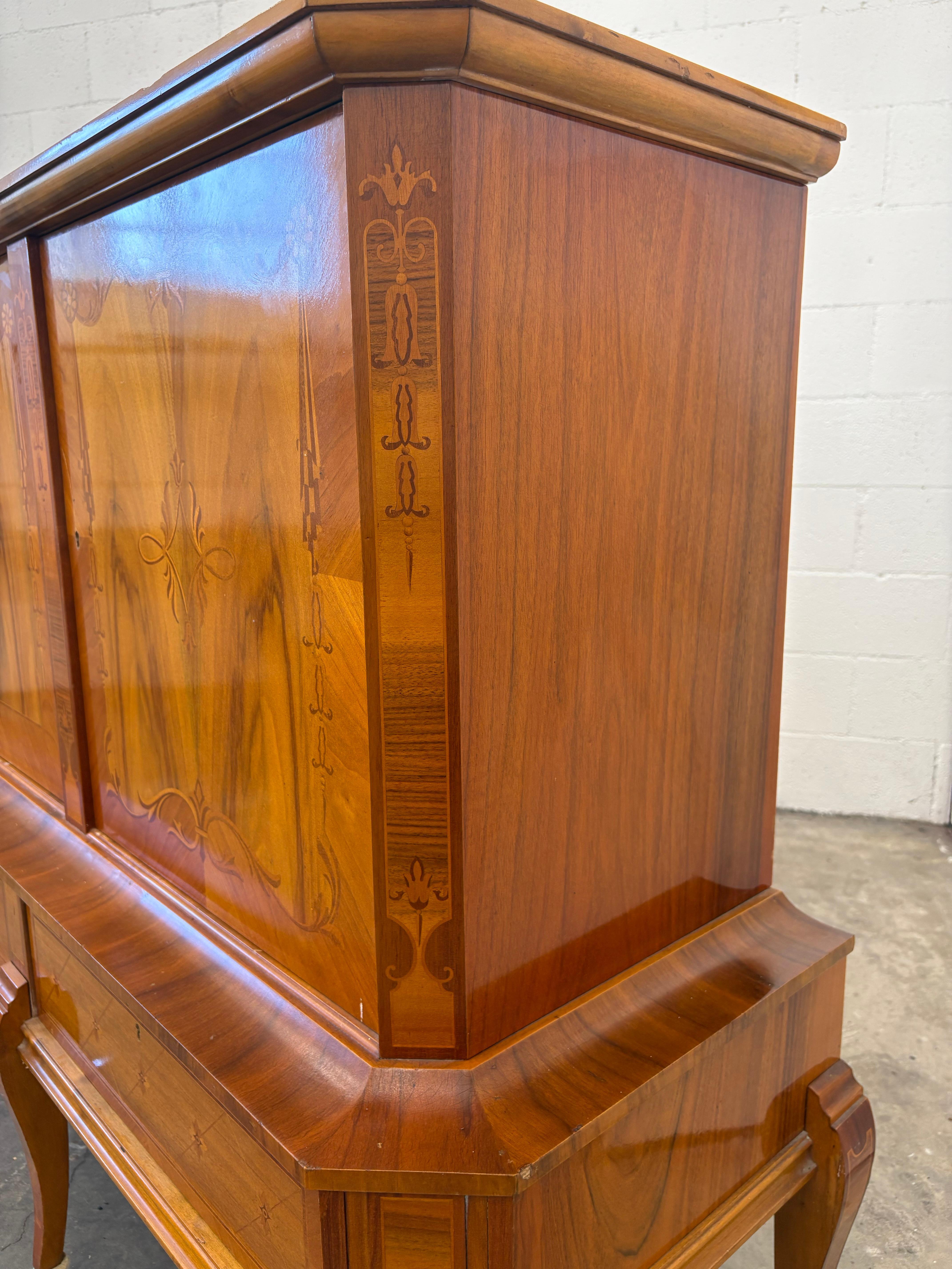 Hand-Carved Romanian Art Deco Sideboard , Exotic Wood Inlay, Large Vintage Buffet with Stora For Sale