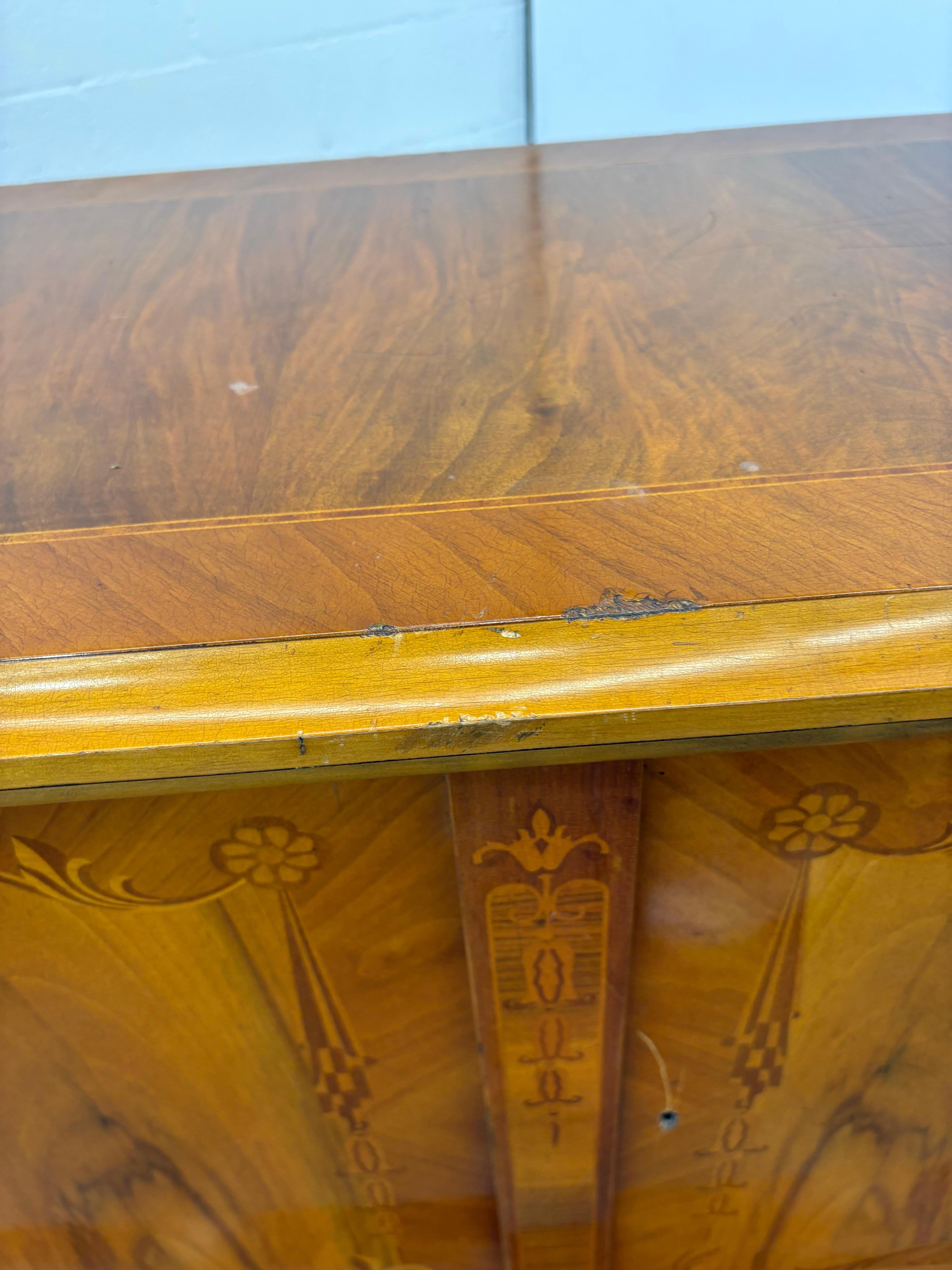 Romanian Art Deco Sideboard , Exotic Wood Inlay, Large Vintage Buffet with Stora In Fair Condition For Sale In Los Angeles, CA