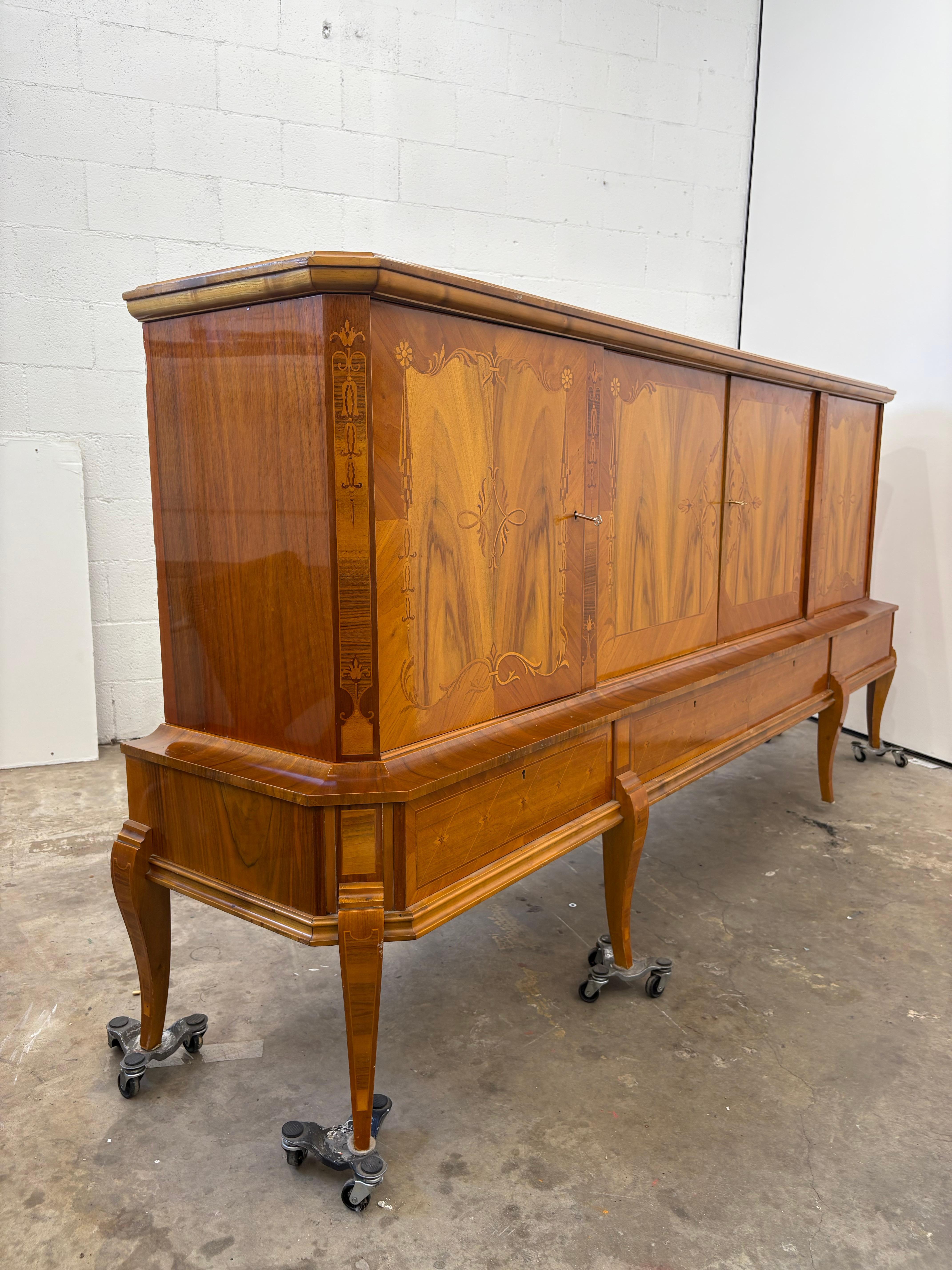 20th Century Romanian Art Deco Sideboard , Exotic Wood Inlay, Large Vintage Buffet with Stora For Sale