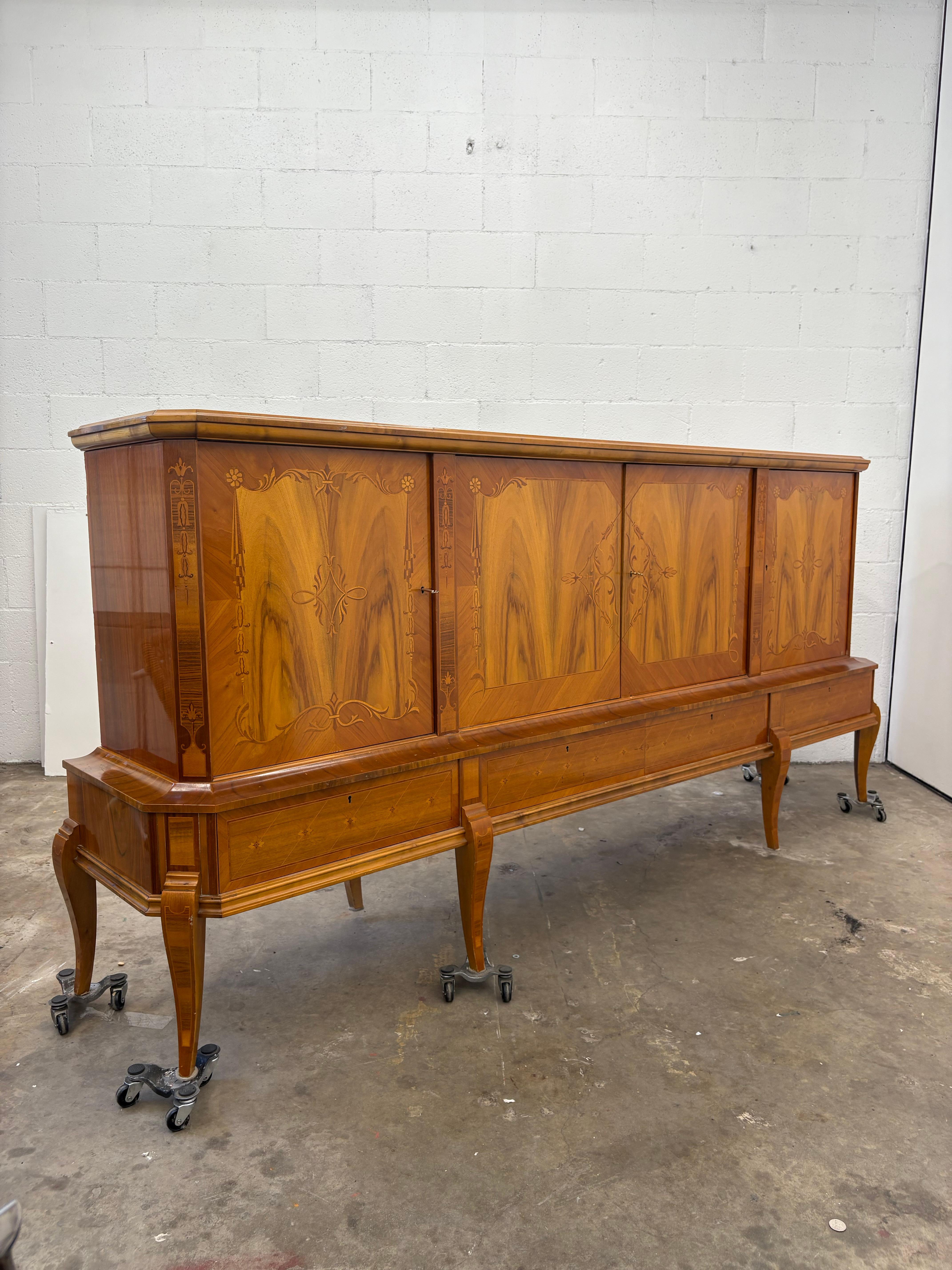 Romanian Art Deco Sideboard , Exotic Wood Inlay, Large Vintage Buffet with Stora For Sale 1