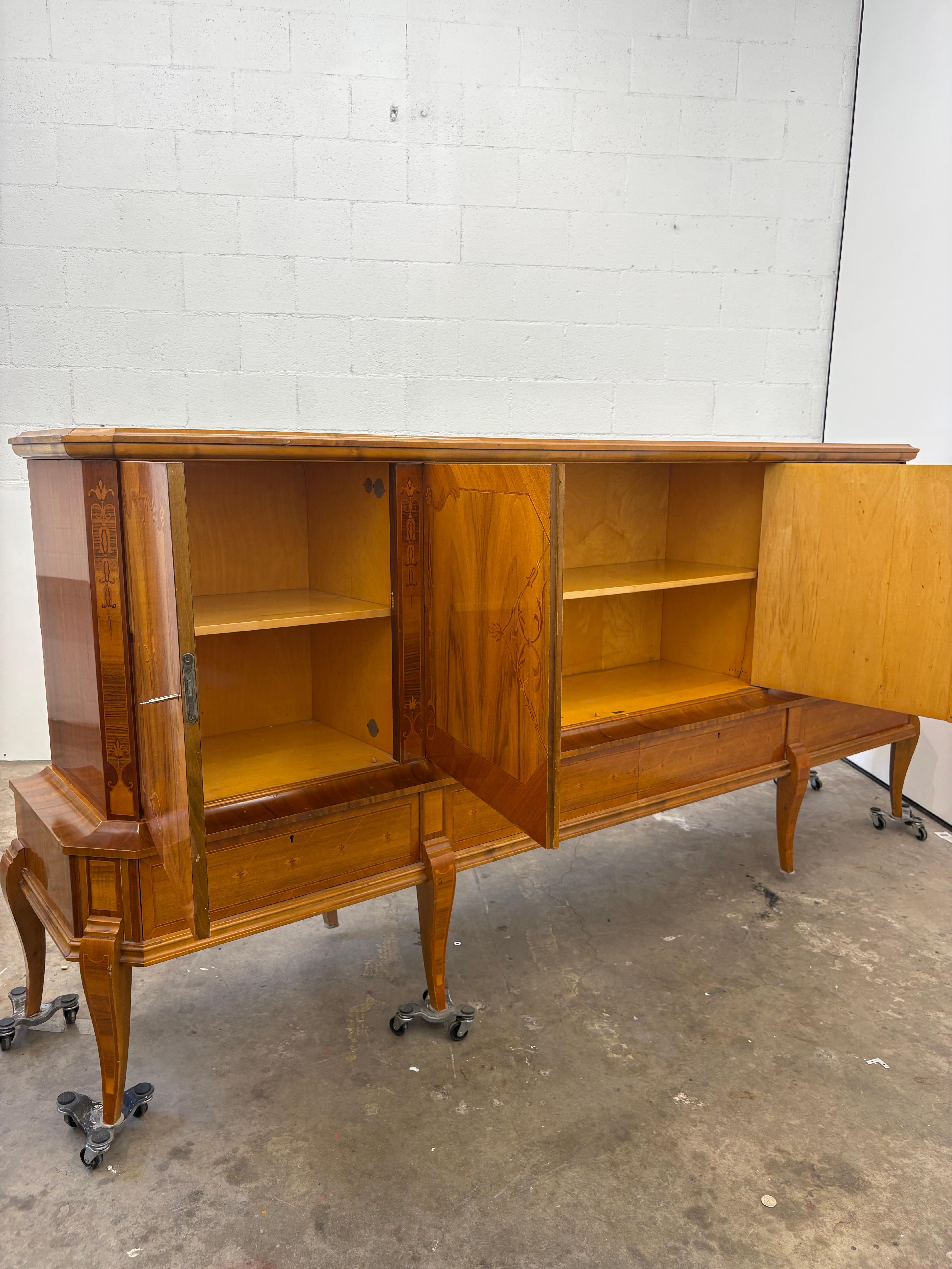 Romanian Art Deco Sideboard , Exotic Wood Inlay, Large Vintage Buffet with Stora For Sale 2