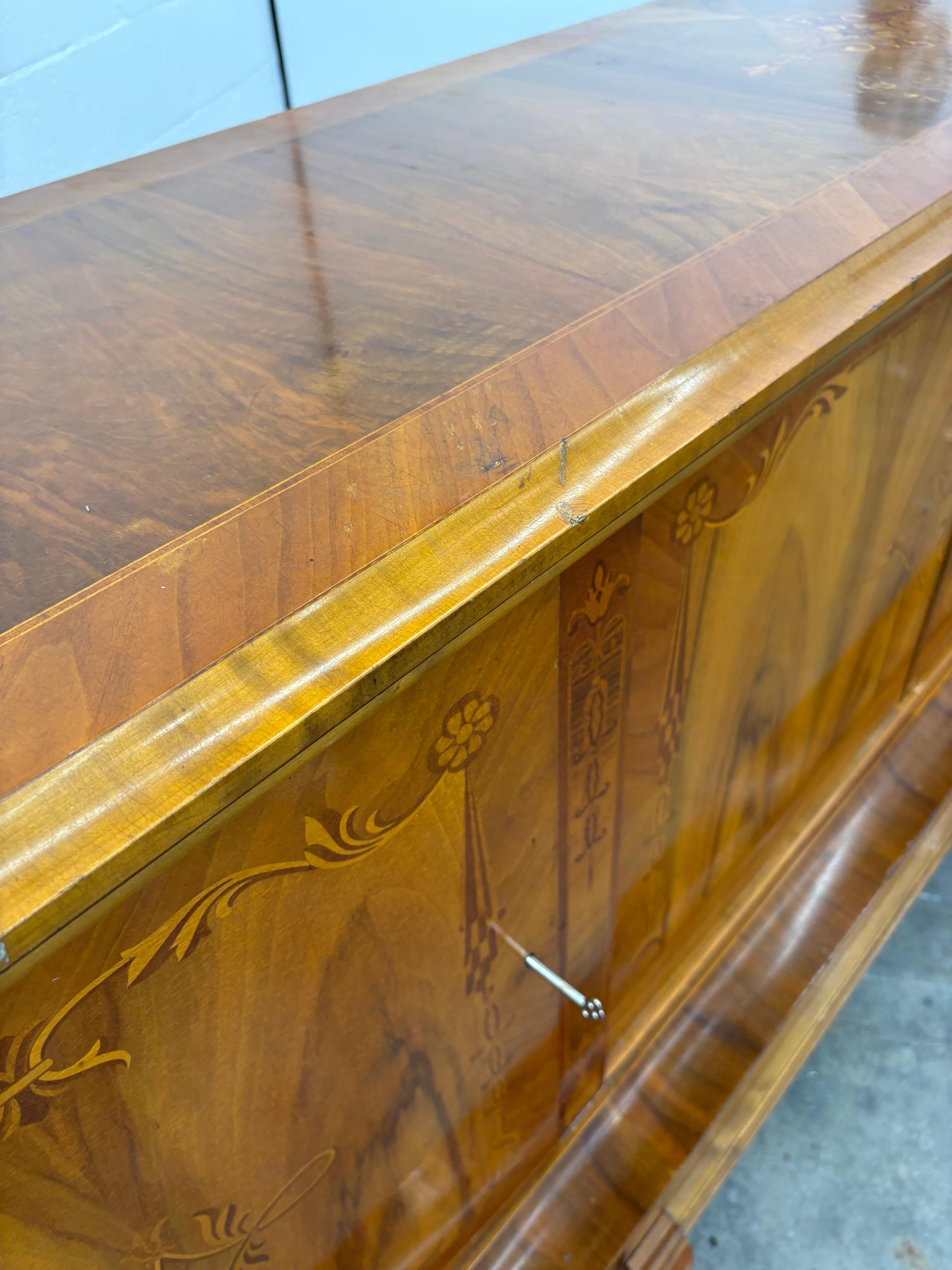 Romanian Art Deco Sideboard , Exotic Wood Inlay, Large Vintage Buffet with Stora For Sale 3