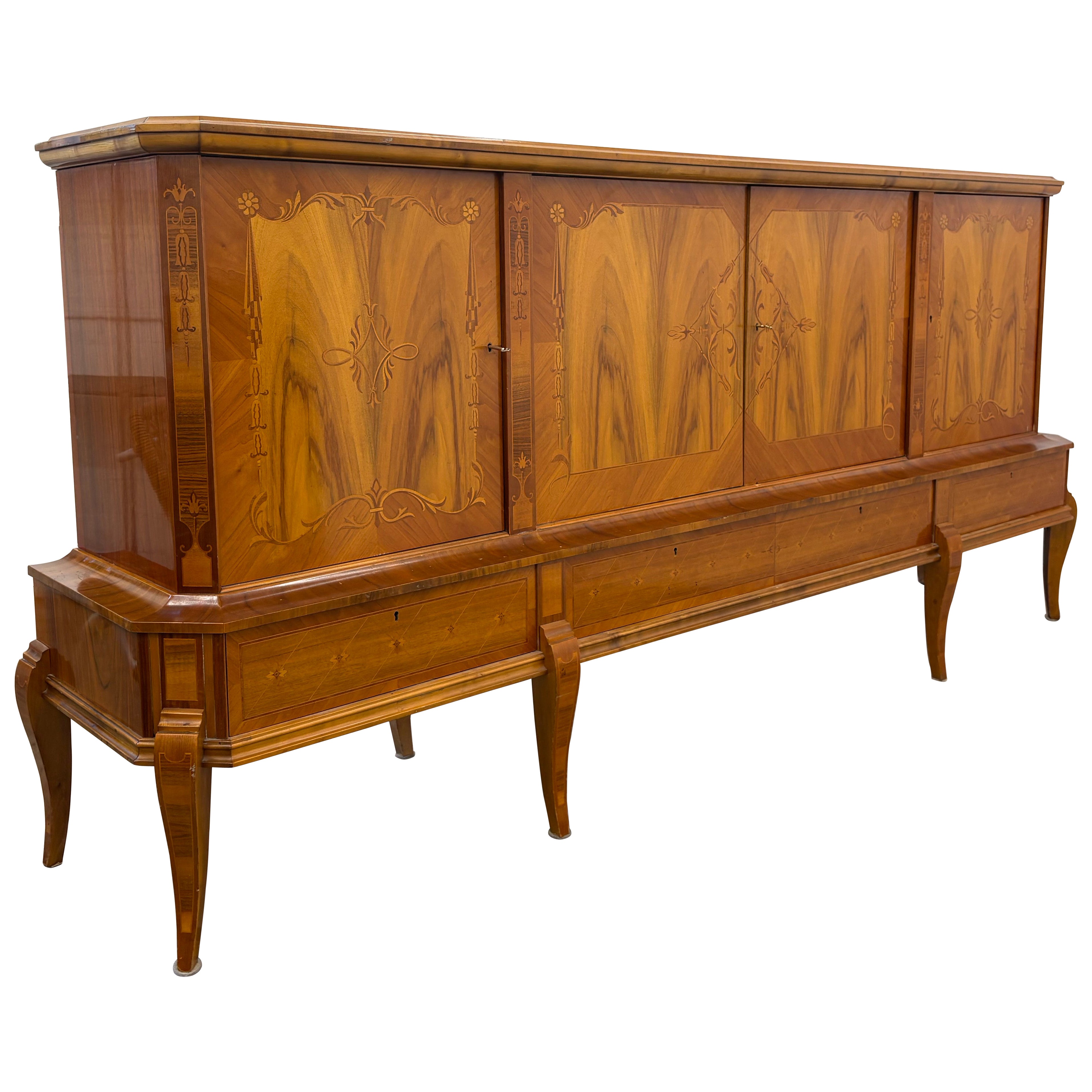 Romanian Art Deco Sideboard , Exotic Wood Inlay, Large Vintage Buffet with Stora For Sale