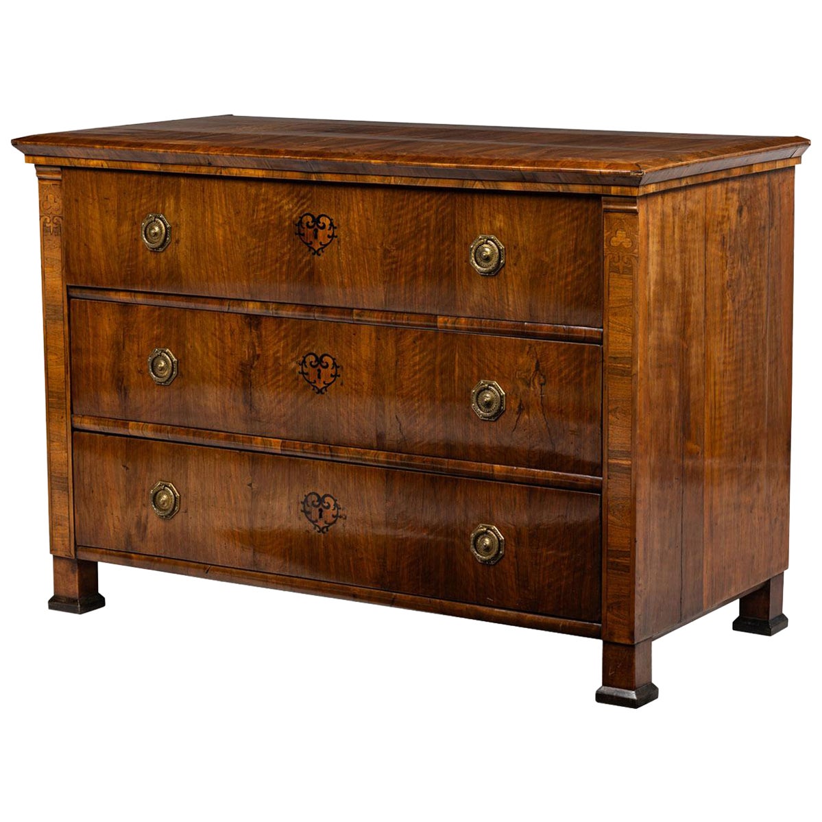 Romanian Biedermeier 3-Drawer Burlwood Chest / Commode in vendita