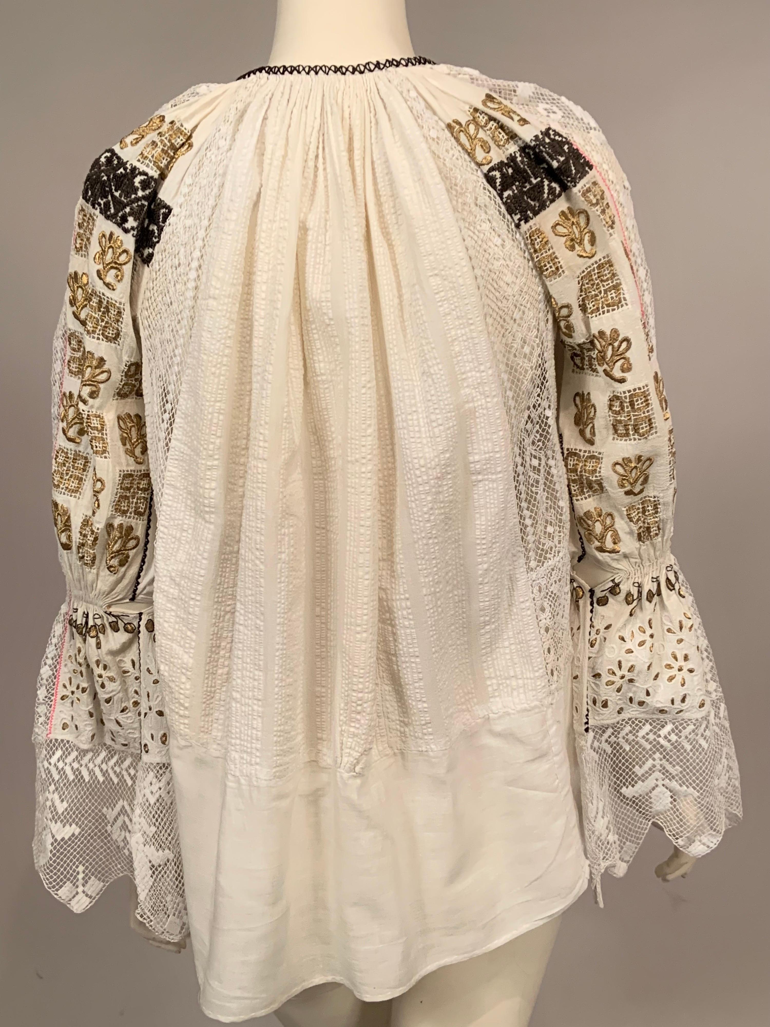 Women's Romanian Blouse with Lace Eyelet and Black and Metallic Gold Embroidery