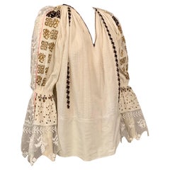 Romanian Blouse with Lace Eyelet and Black and Metallic Gold Embroidery