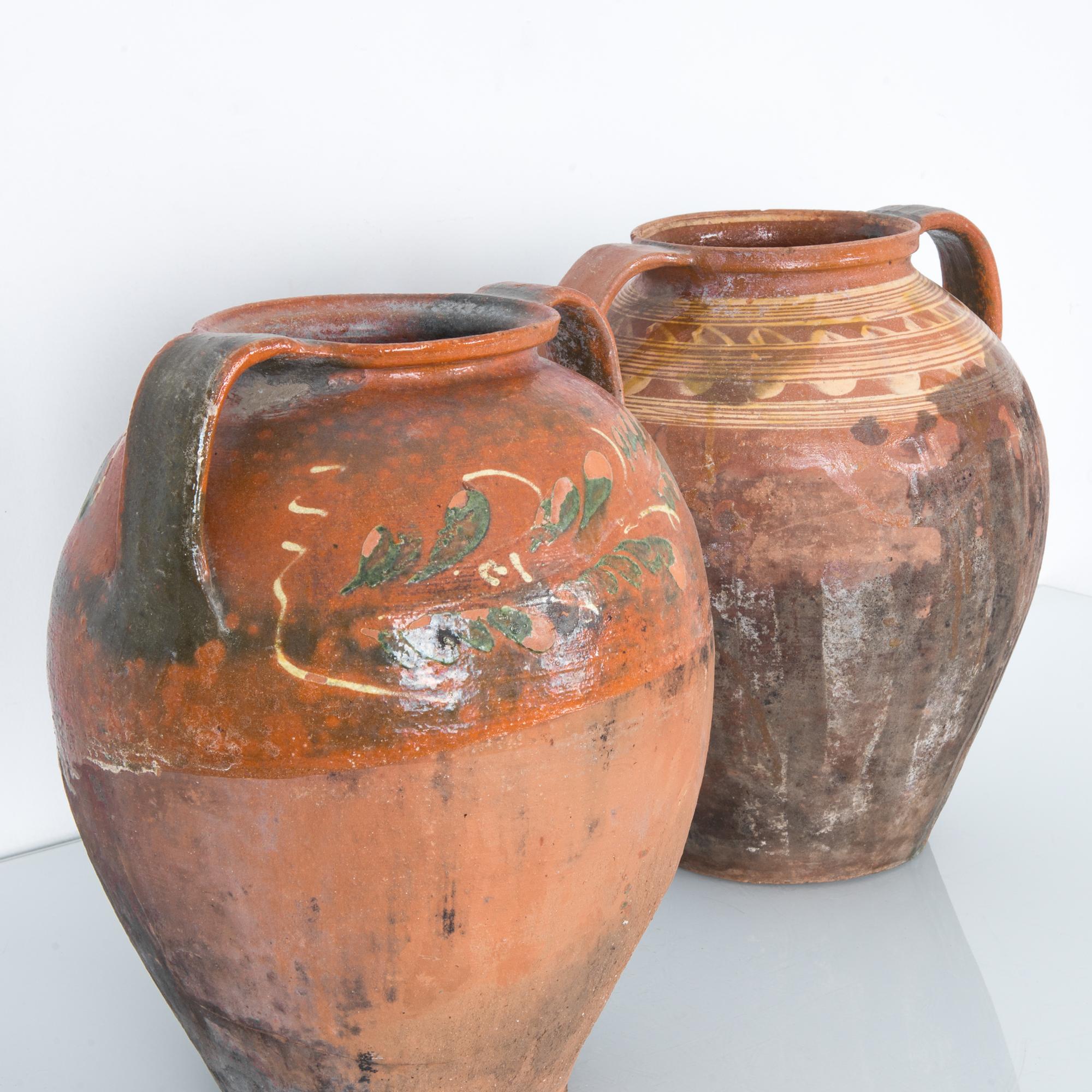 Rustic Romanian Painted Ceramic Pots, a Pair