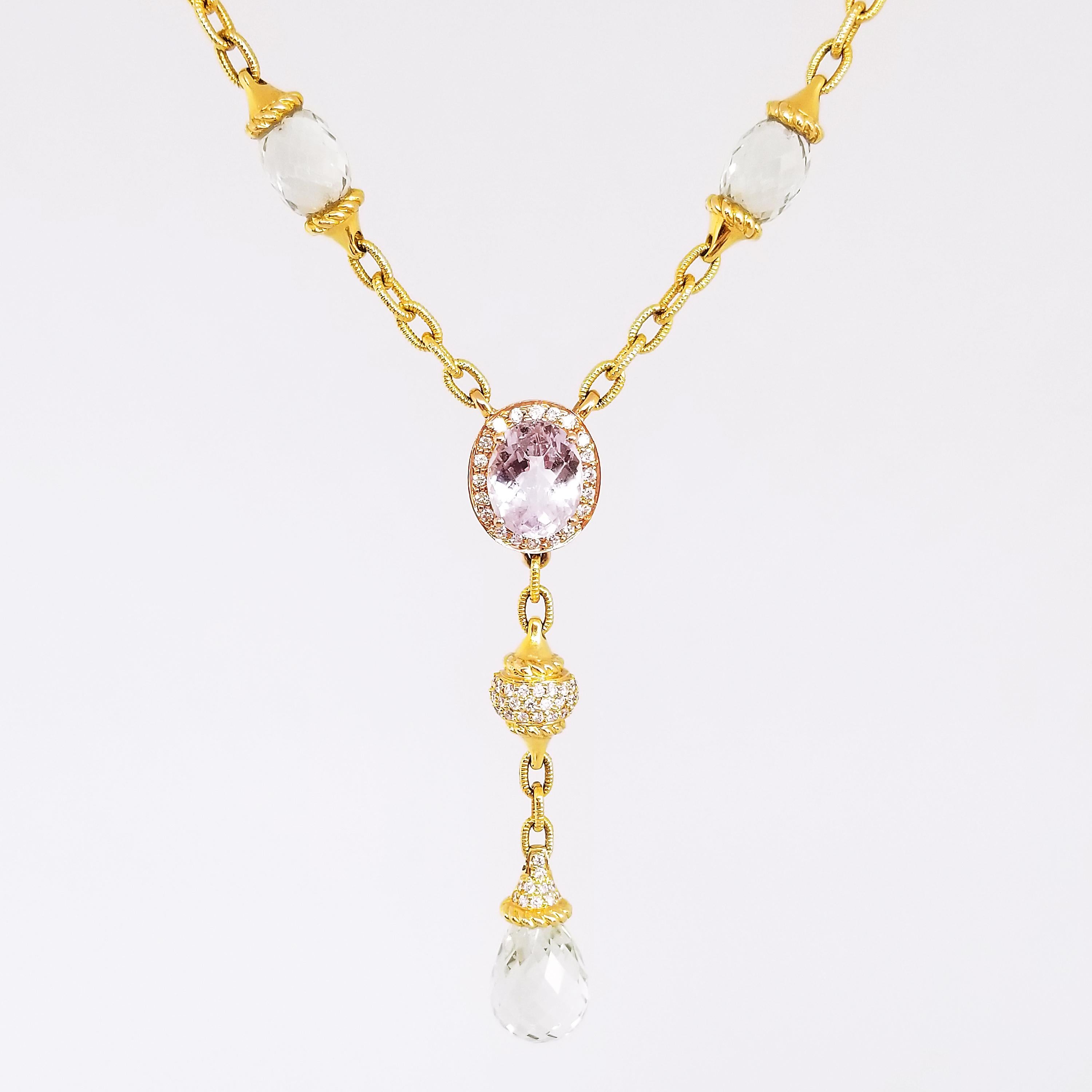 Romantic Prasiolite Green Amethyst Briolette Rose Quartz Diamond Drop Necklace For Sale 3