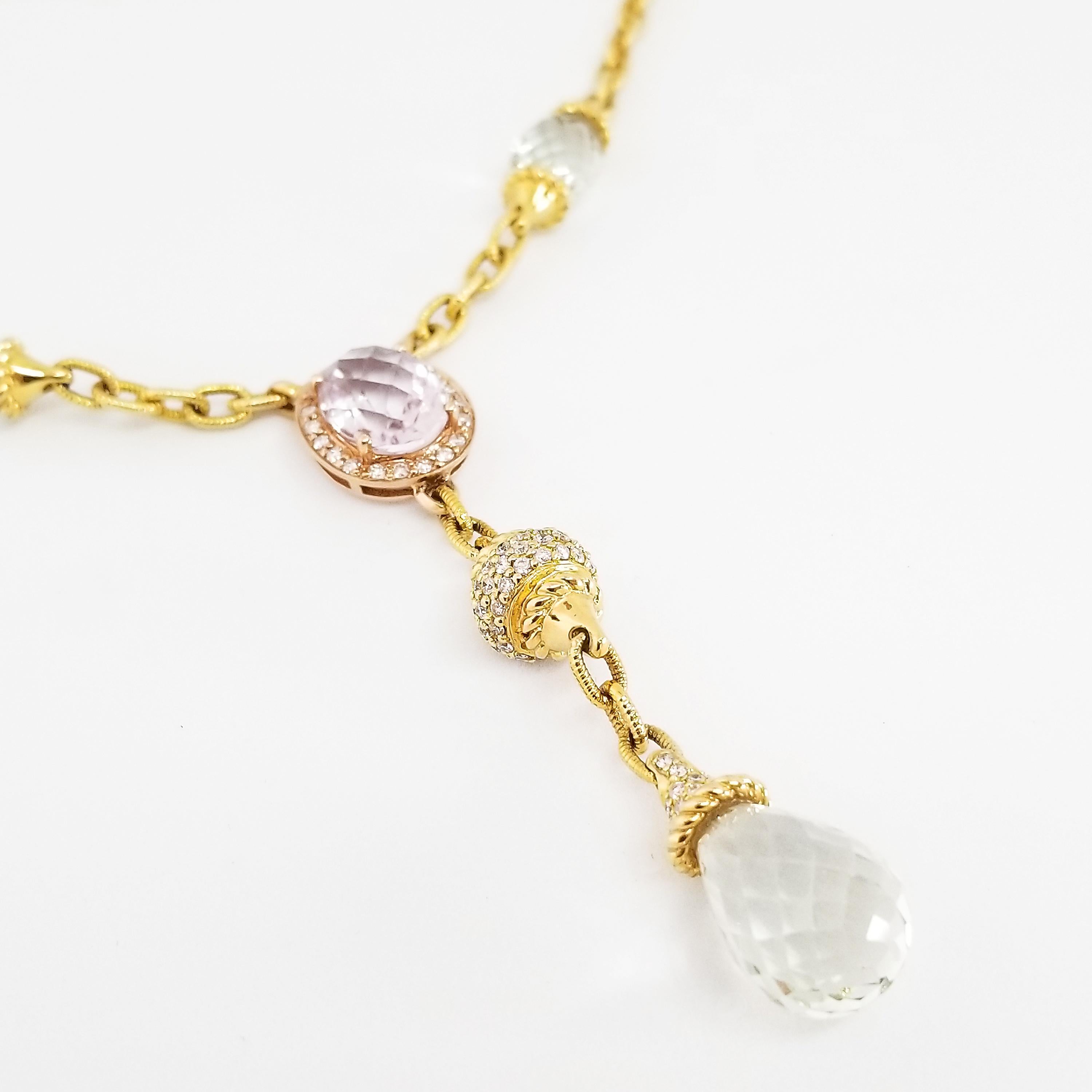 Collier pendentif romantique en améthyste verte, améthyste briolette, quartz rose et diamants en vente 5