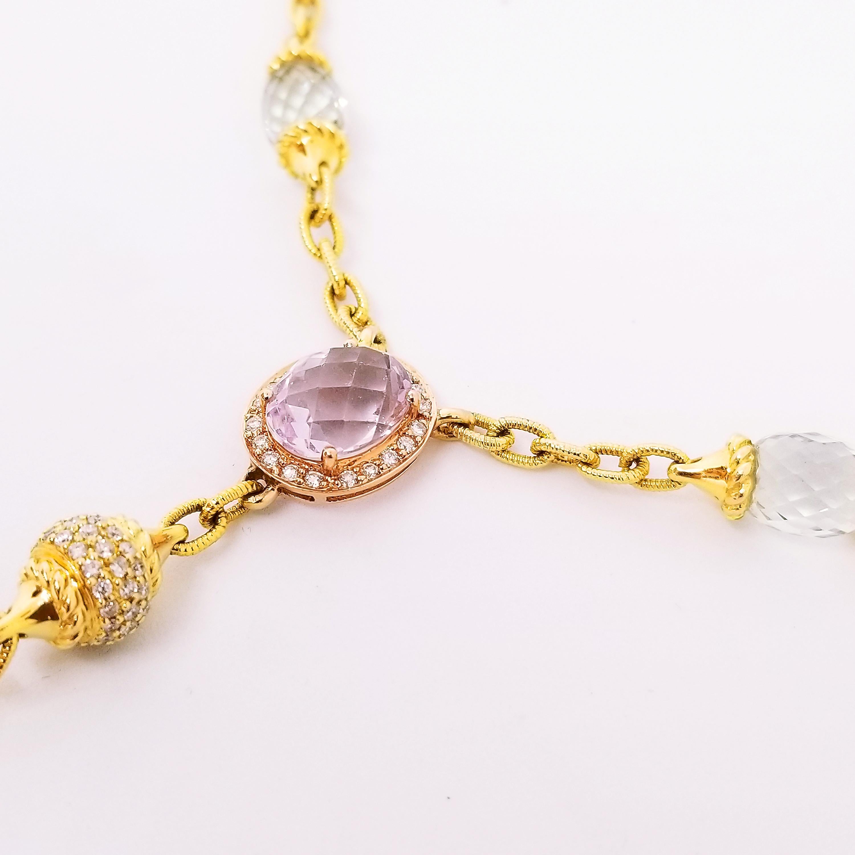 Romantic Prasiolite Green Amethyst Briolette Rose Quartz Diamond Drop Necklace For Sale 5