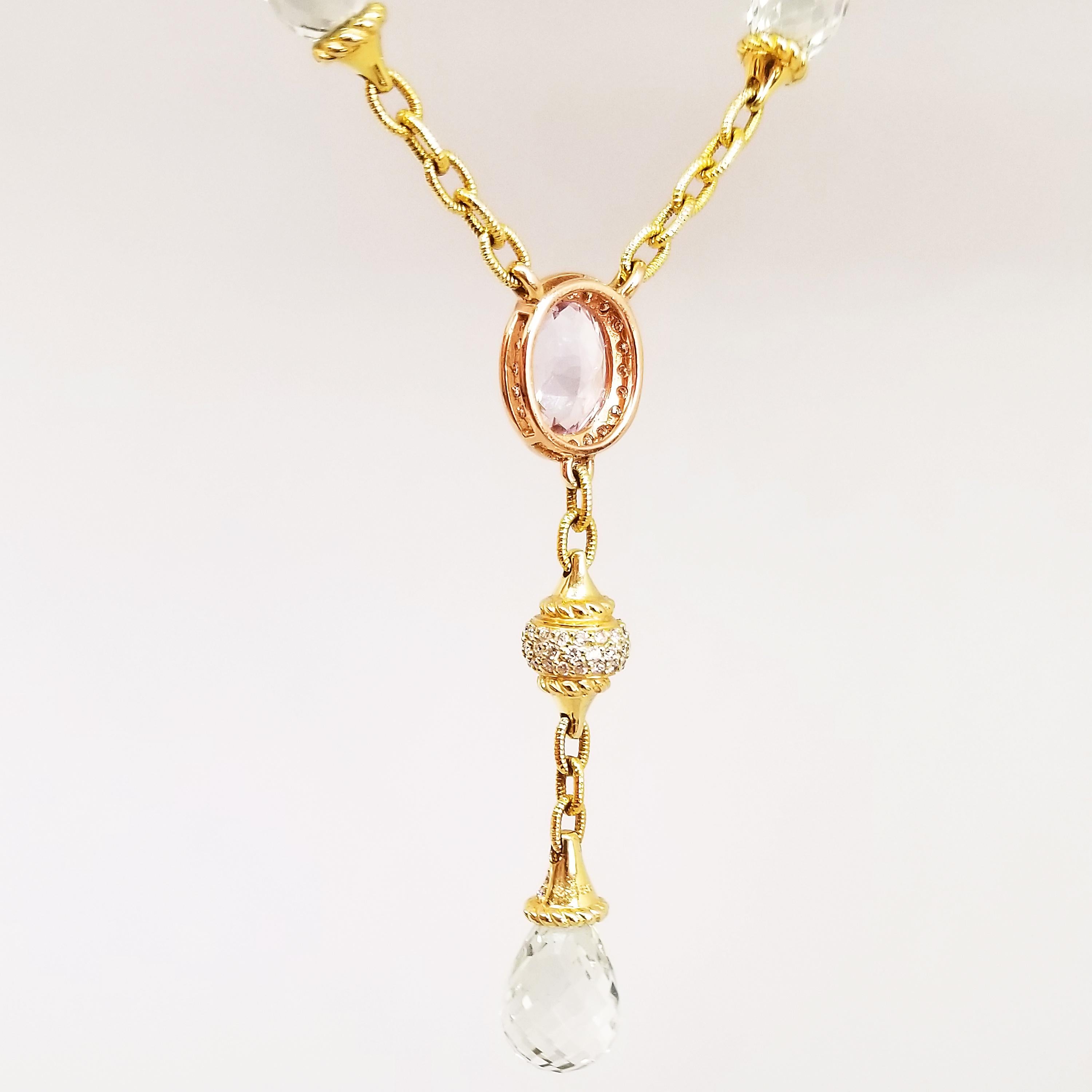 Collier pendentif romantique en améthyste verte, améthyste briolette, quartz rose et diamants en vente 9