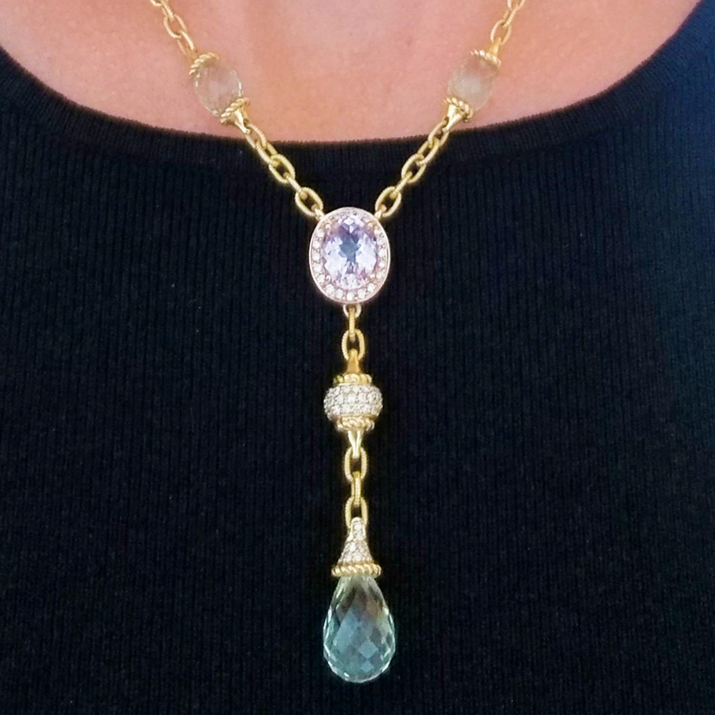 Romantic Prasiolite Green Amethyst Briolette Rose Quartz Diamond Drop Necklace For Sale 9