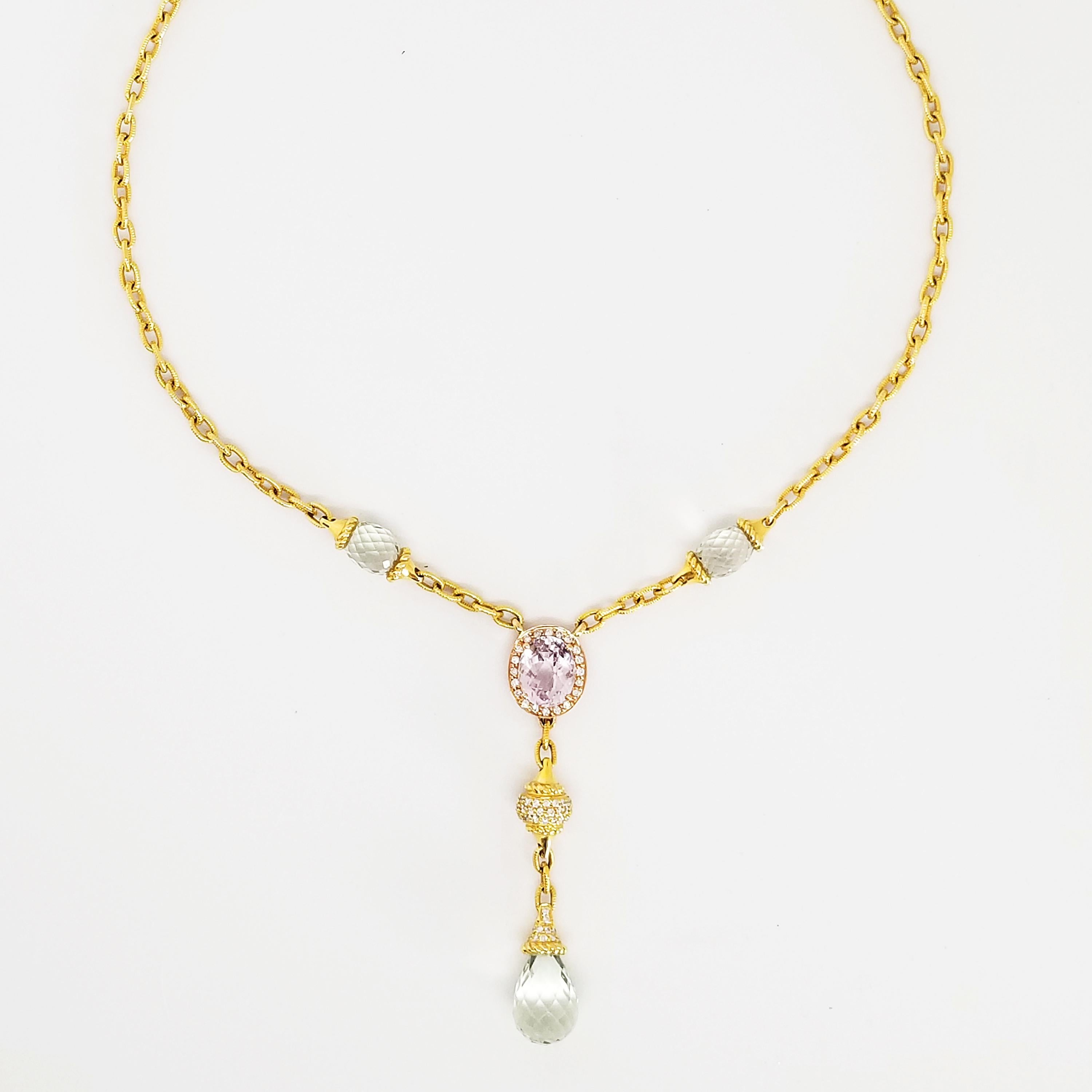 
A Romantic Byzantine Design Drop Necklace in Pastel Gemstones. This extremely Feminine Necklace Features Checkerboard Faceted Rose Quartz, Briolette Chandelier Drops of Green Amethyst Prasiolite and Diamonds. The Necklace Collarbone and Drop