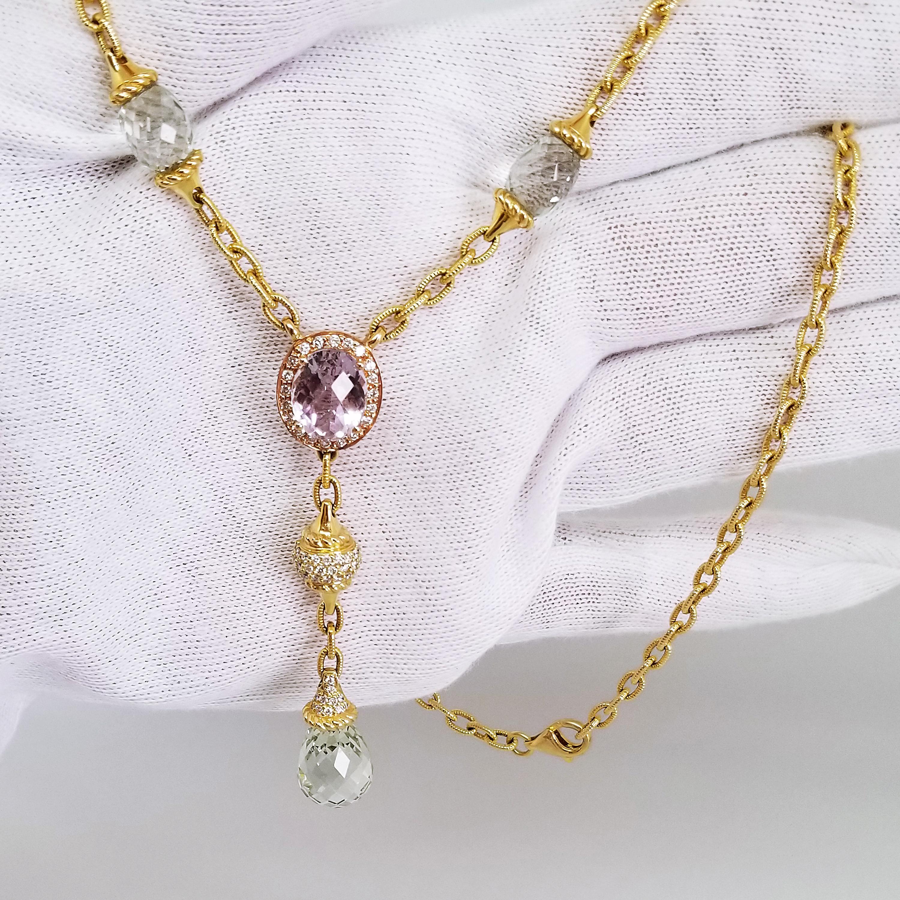 Artisan Romantic Prasiolite Green Amethyst Briolette Rose Quartz Diamond Drop Necklace For Sale