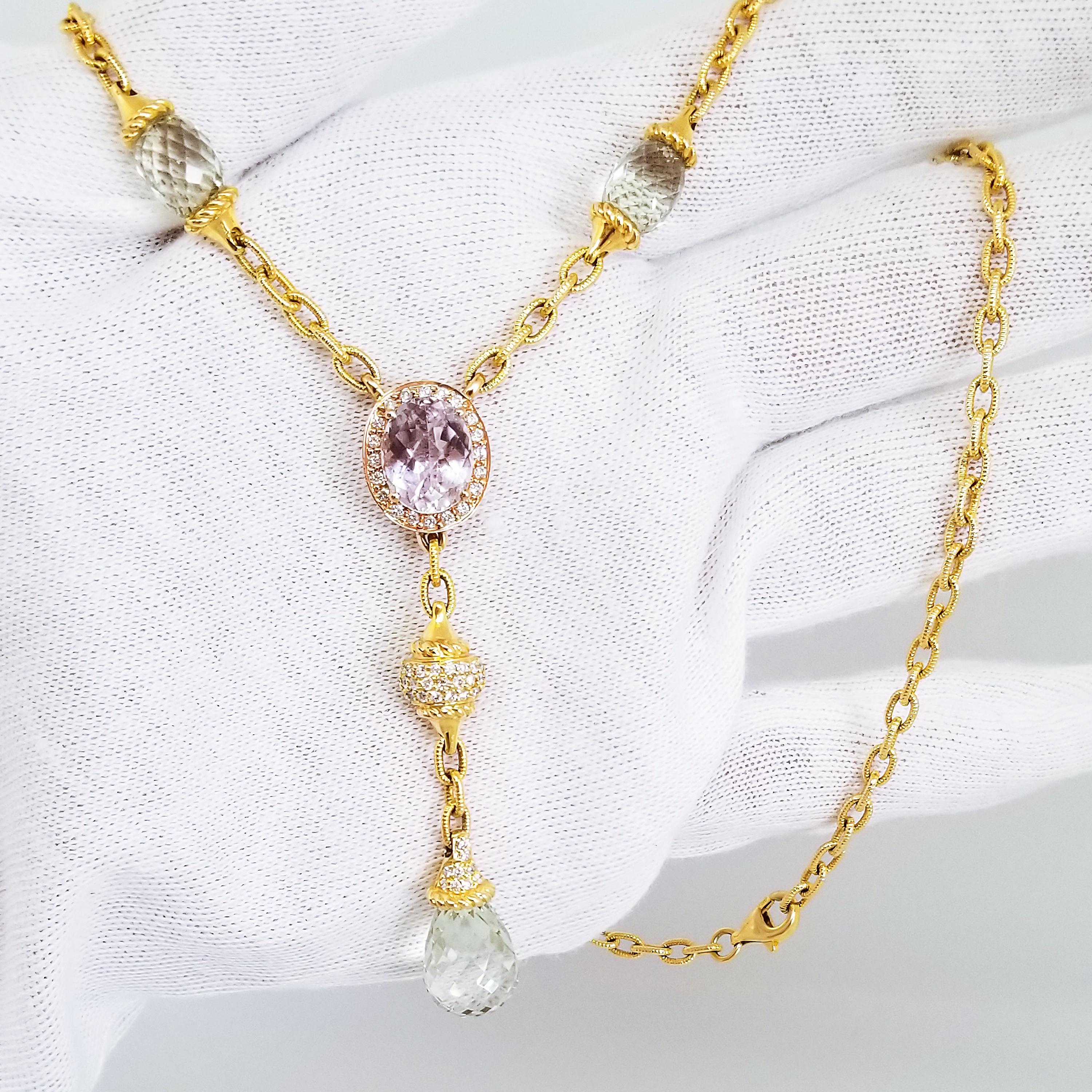Oval Cut Romantic Prasiolite Green Amethyst Briolette Rose Quartz Diamond Drop Necklace For Sale