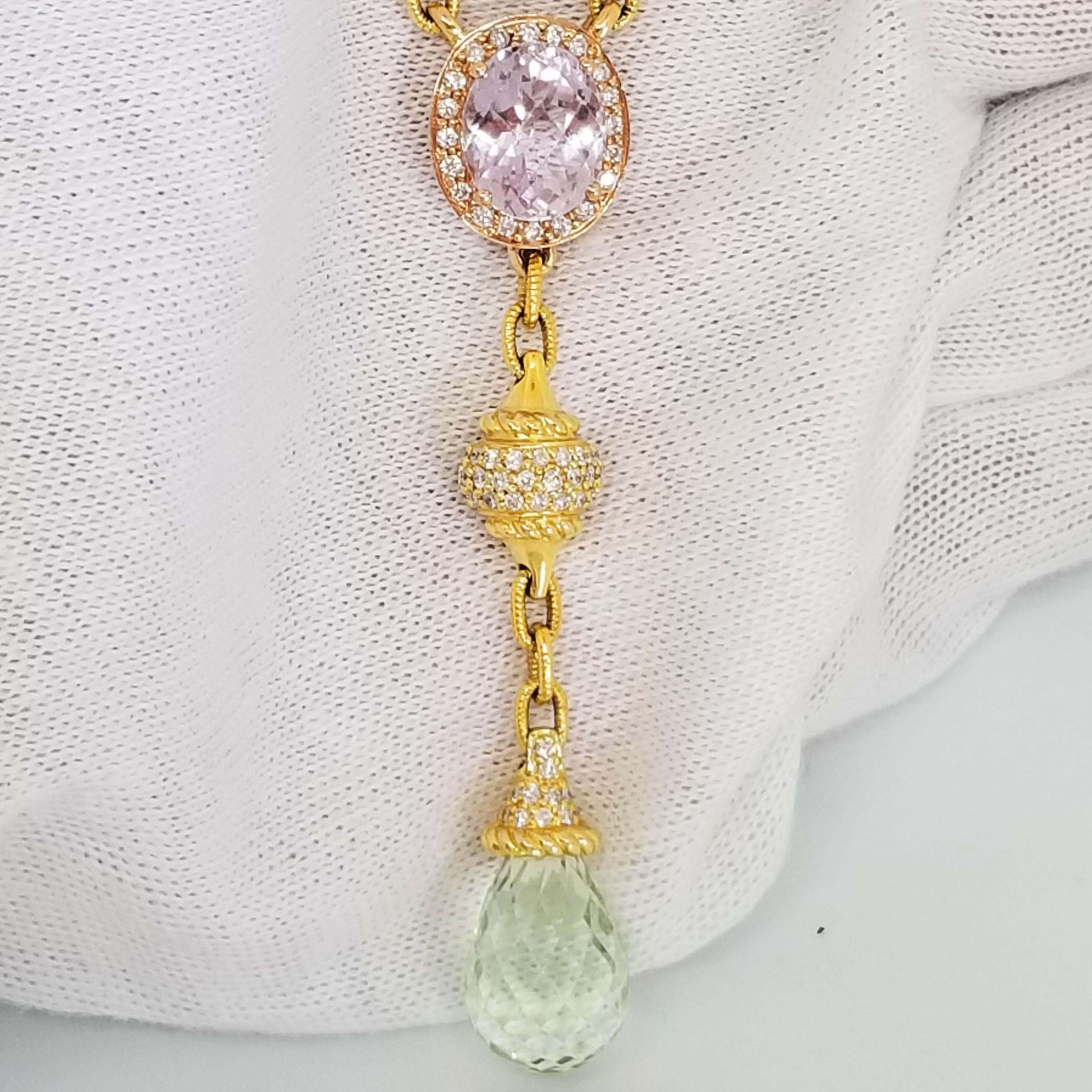 Romantic Prasiolite Green Amethyst Briolette Rose Quartz Diamond Drop Necklace In New Condition For Sale In Lambertville , NJ