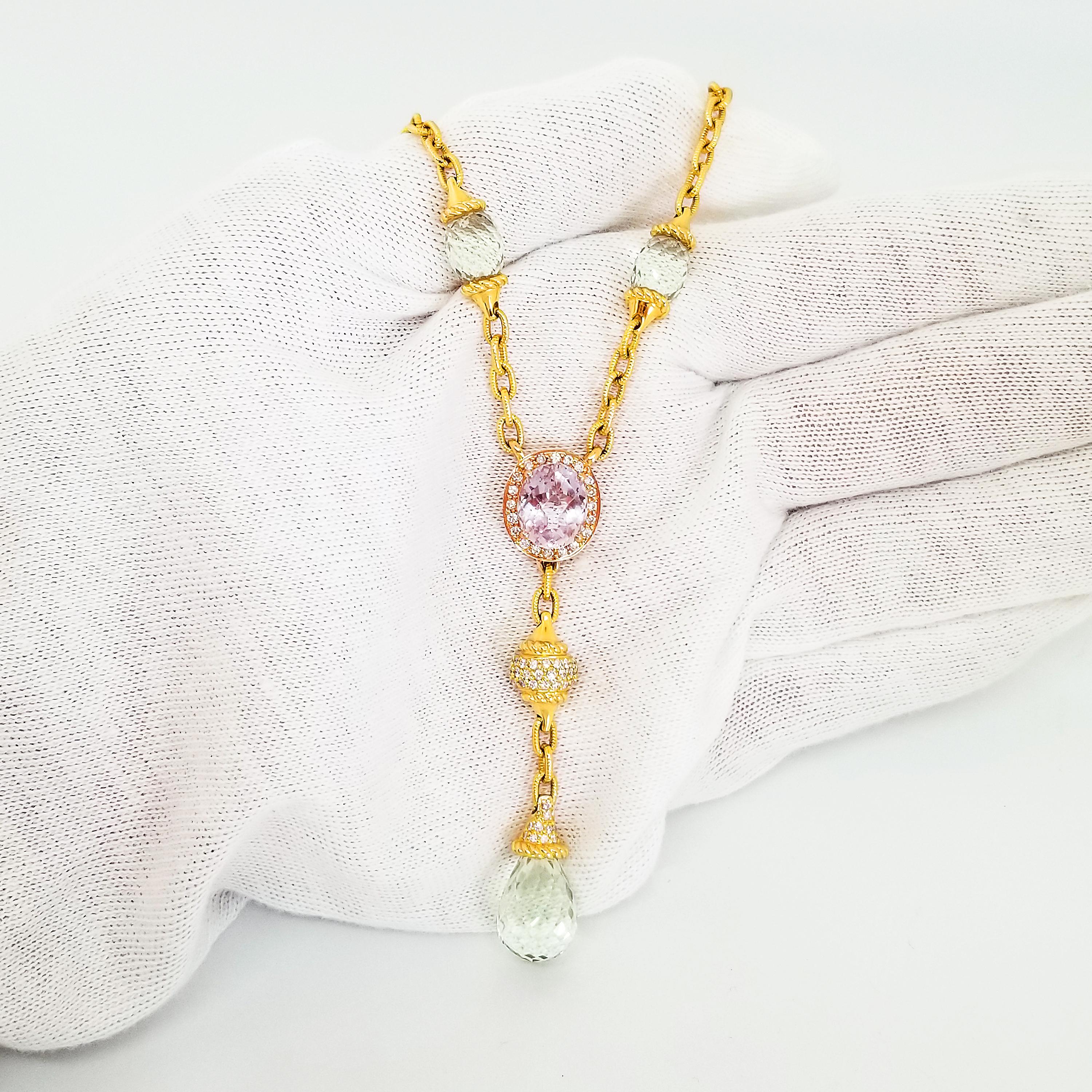 Collier pendentif romantique en améthyste verte, améthyste briolette, quartz rose et diamants en vente 1