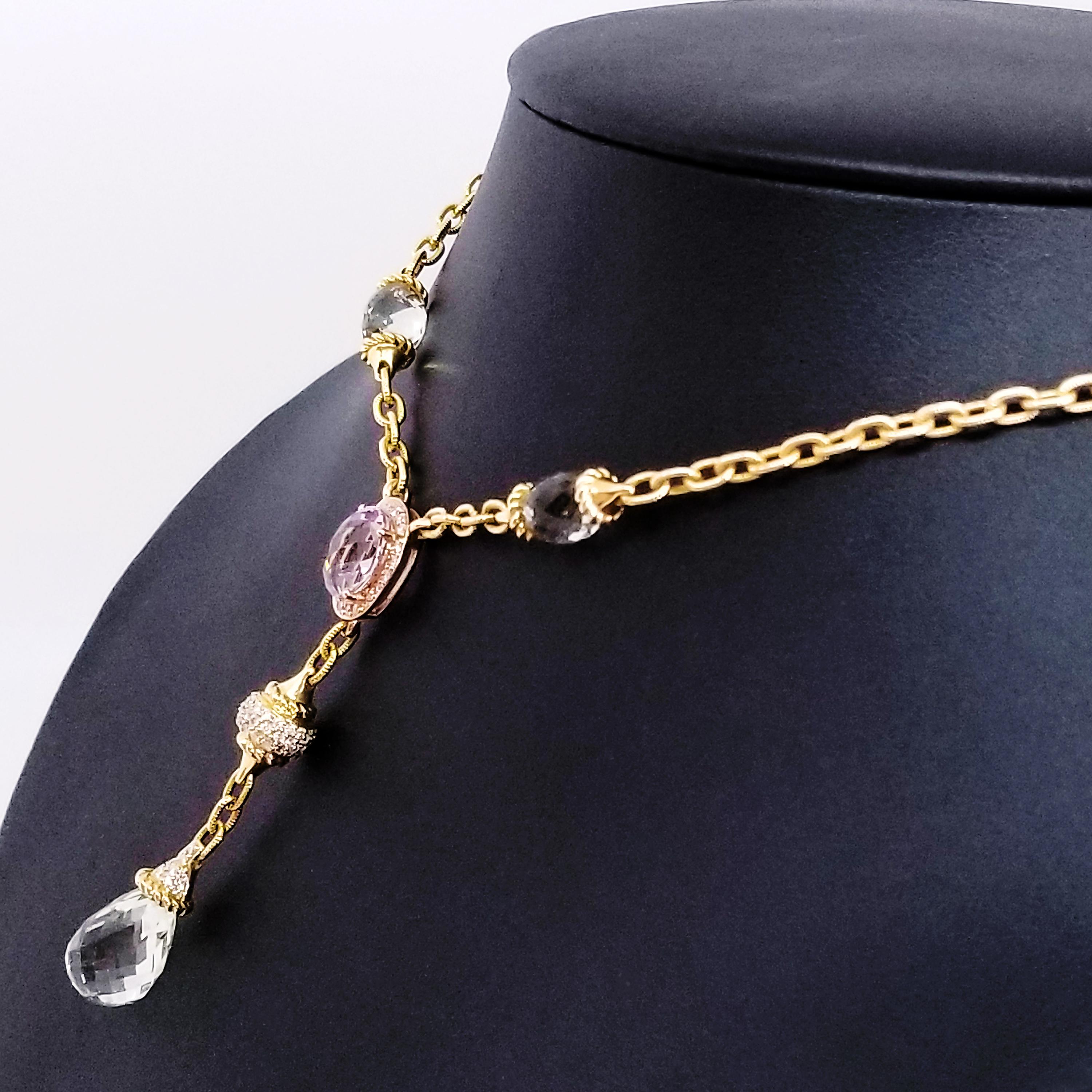 Romantica collana con goccia di diamante di ametista verde e briolette di quarzo rosa di prasiolite in vendita 2