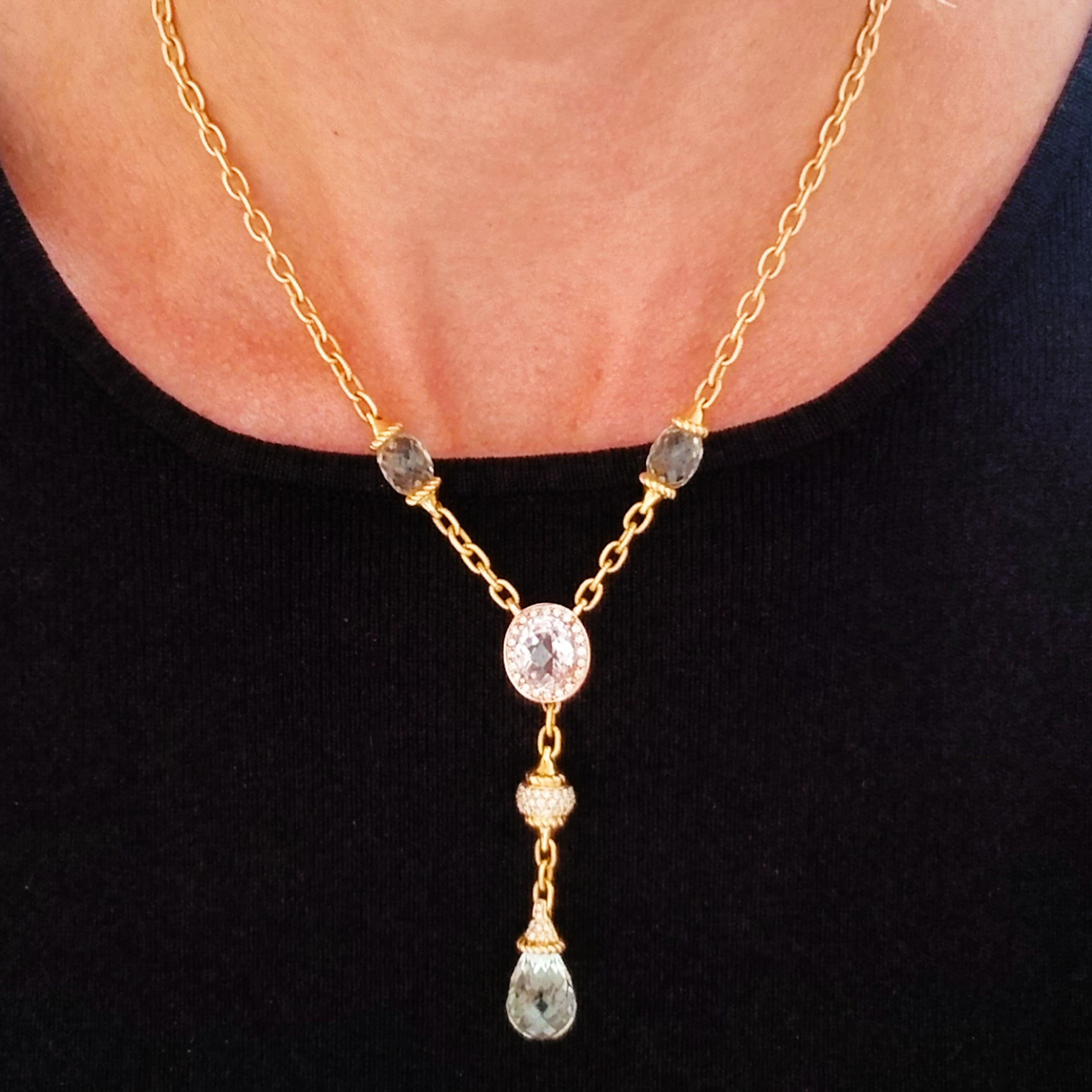 Romantic Prasiolite Green Amethyst Briolette Rose Quartz Diamond Drop Necklace For Sale 2