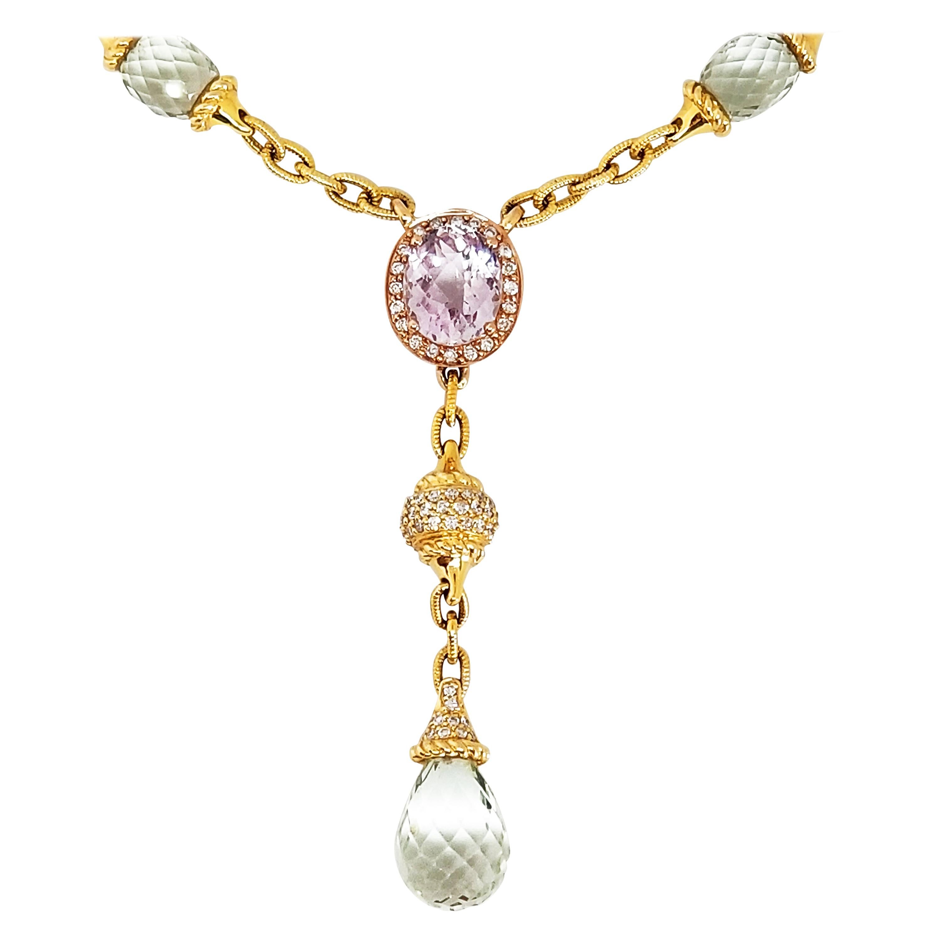 Collier pendentif romantique en améthyste verte, améthyste briolette, quartz rose et diamants