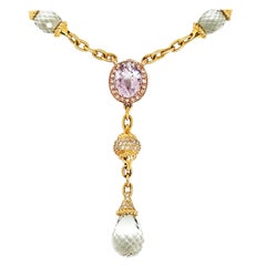 Romantic Prasiolite Green Amethyst Briolette Rose Quartz Diamond Drop Necklace