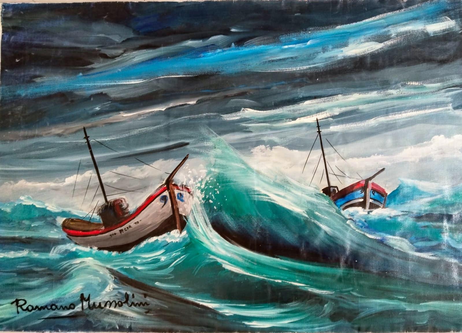 Segelboote in rauer See, Originalgemälde von Romano Mussolini. im Angebot 9