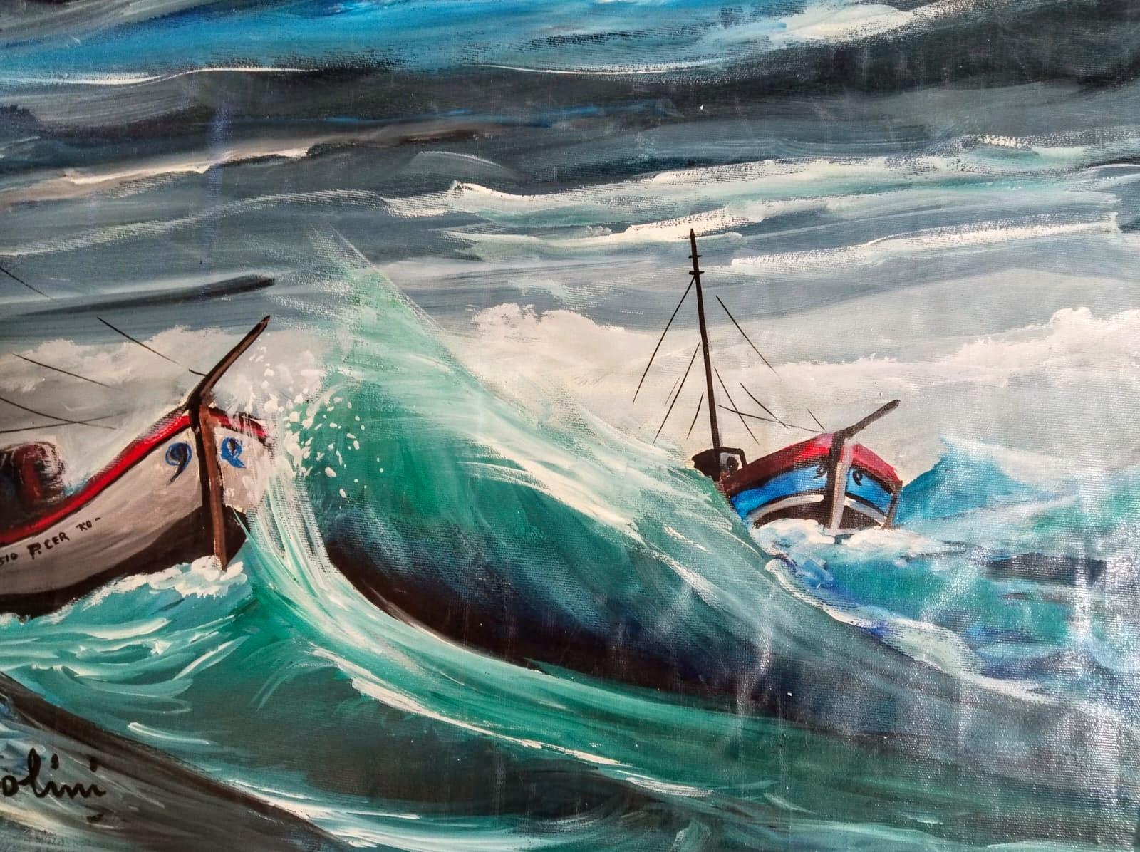 Segelboote in rauer See, Originalgemälde von Romano Mussolini. im Angebot 10