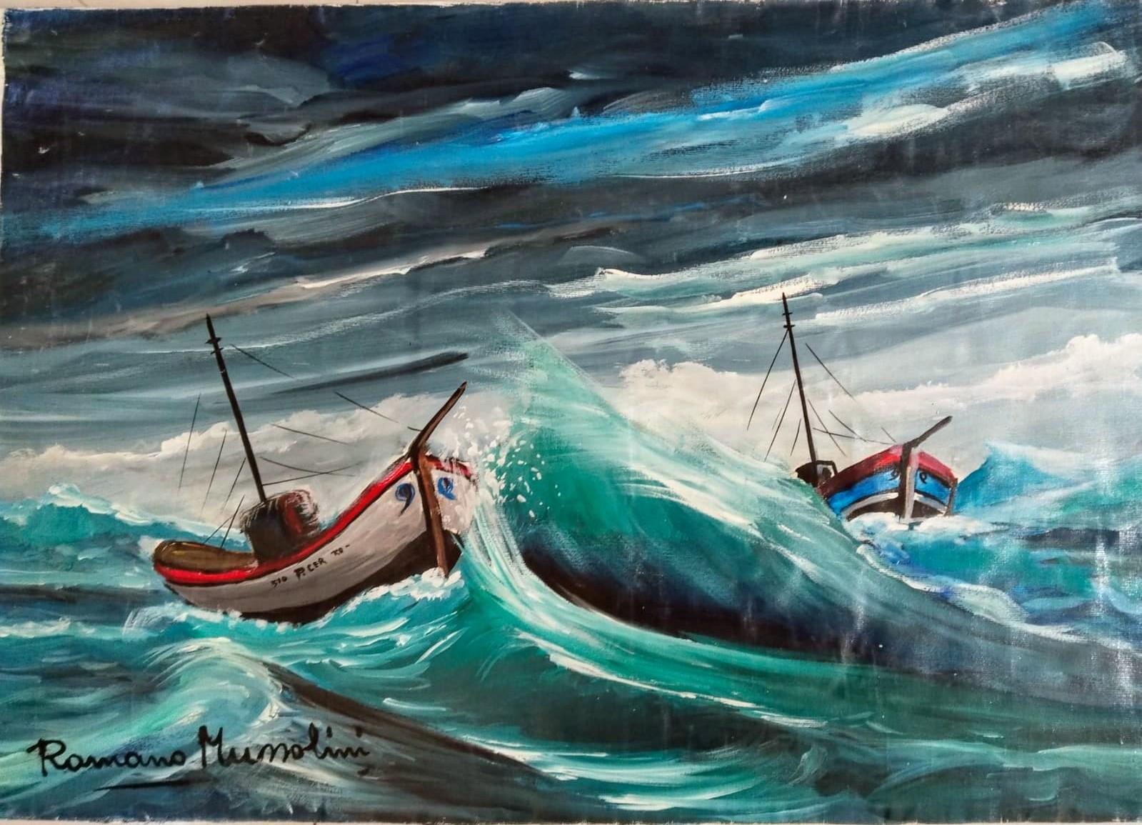 Segelboote in rauer See, Originalgemälde von Romano Mussolini. im Angebot 5