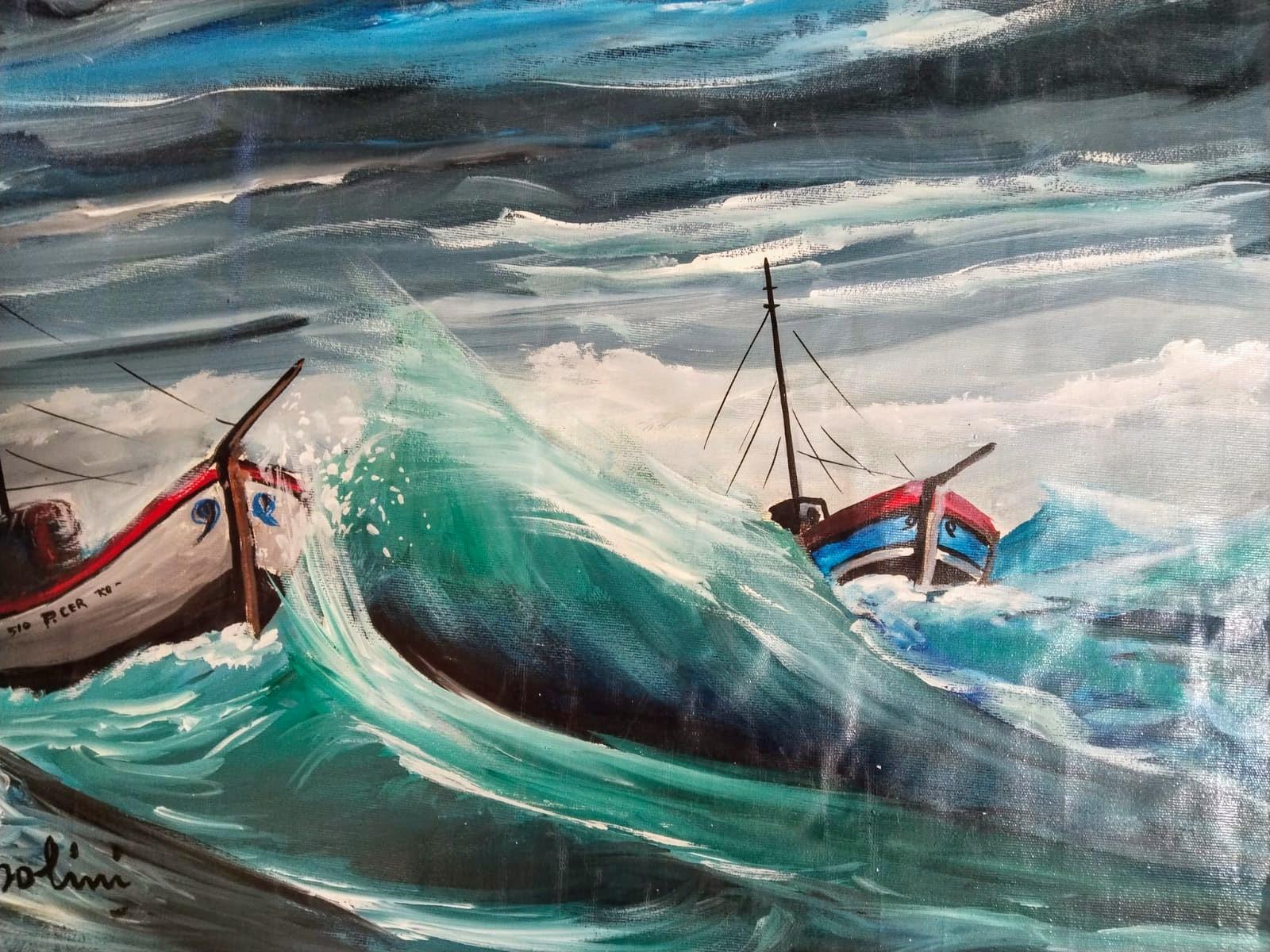 Segelboote in rauer See, Originalgemälde von Romano Mussolini. im Angebot 6