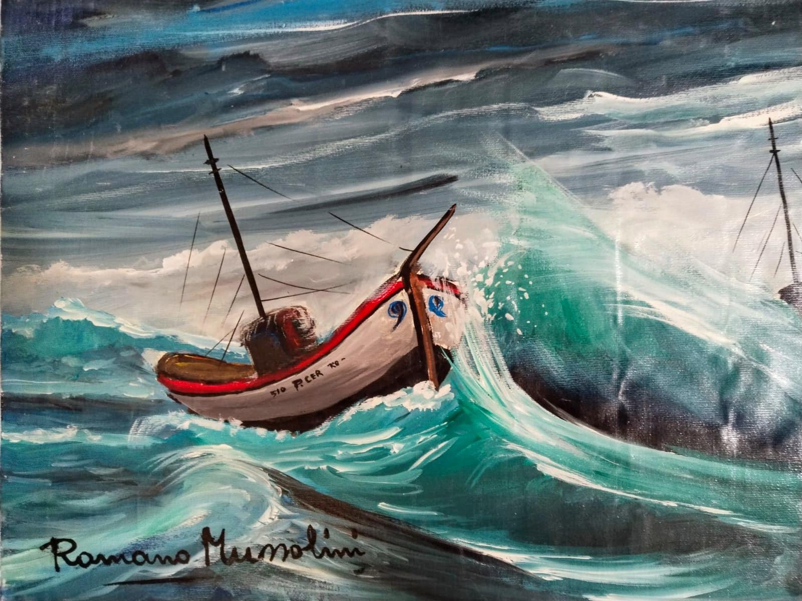 Segelboote in rauer See, Originalgemälde von Romano Mussolini. im Angebot 7