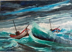 Barche a vela in mari agitati, dipinto originale di Romano Mussolini.