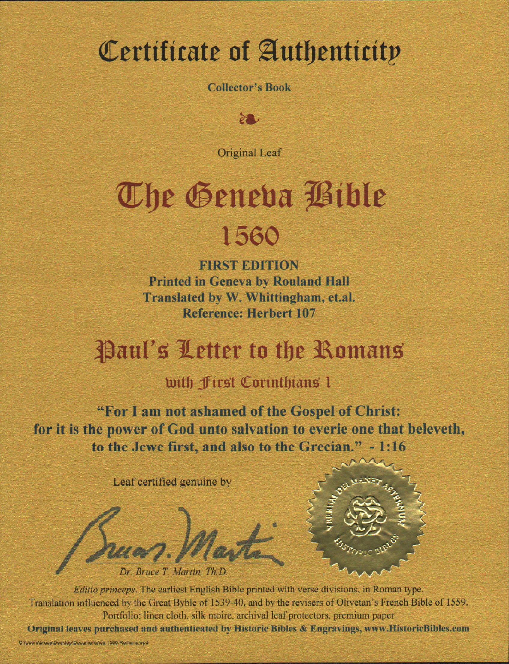 Romans 1-16, complete book (7 leaf-set); incl. 1st Corinthians 1 title. The Geneva Bible. First edition. Quarto. 9.25