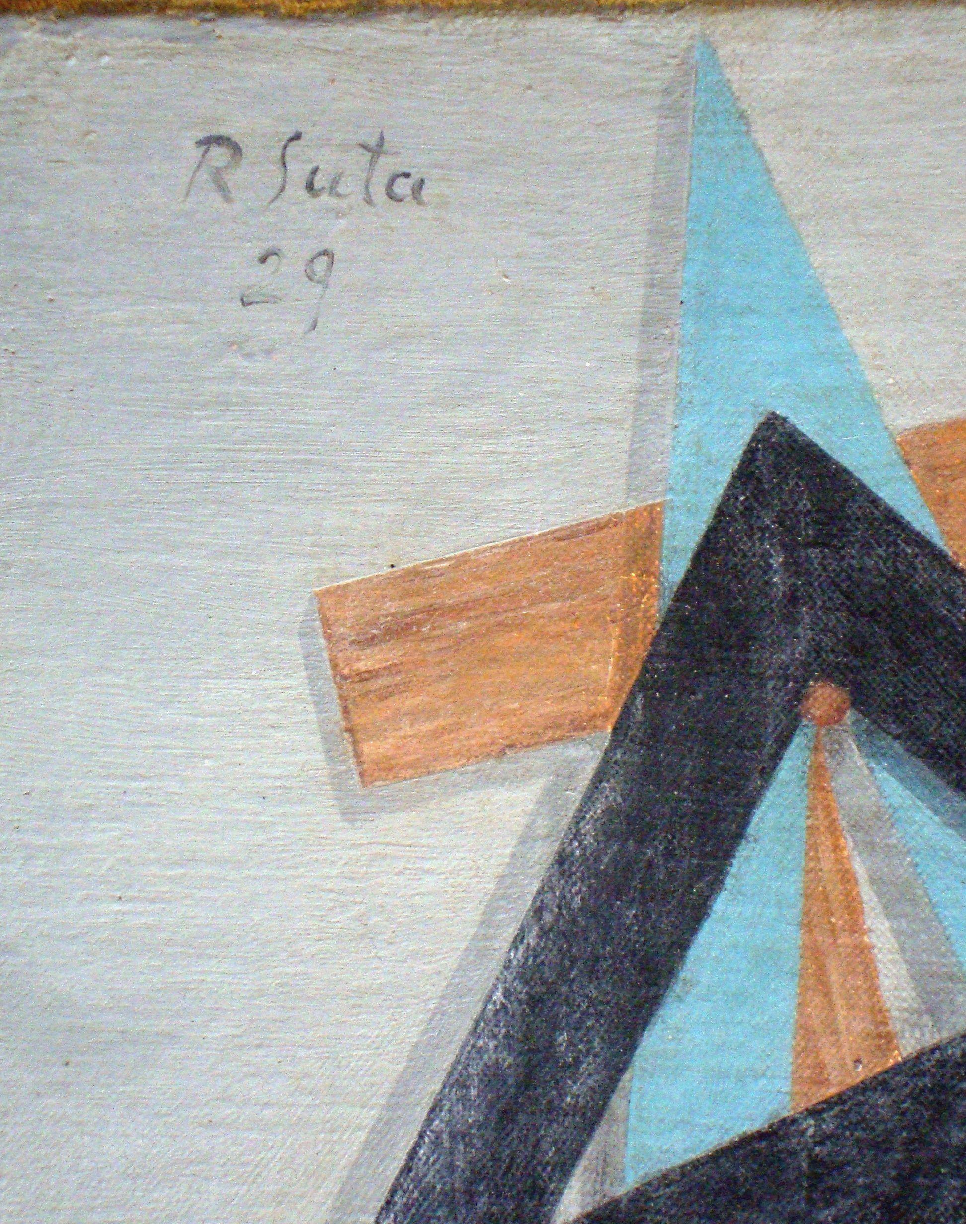 Natura morta con piatto, poster e bottiglia di liquore. 1929. Olio/tela, 69x50 cm - Painting Espressionista di Romans Suta