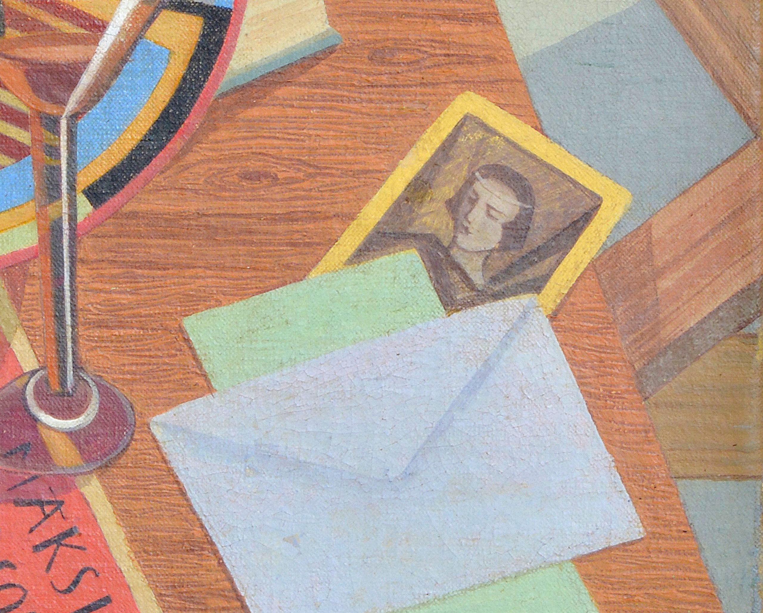Natura morta con piatto, poster e bottiglia di liquore. 1929. Olio/tela, 69x50 cm - Figurative Painting Grigio di Romans Suta