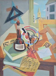 Natura morta con piatto, poster e bottiglia di liquore. 1929. Olio/tela, 69x50 cm