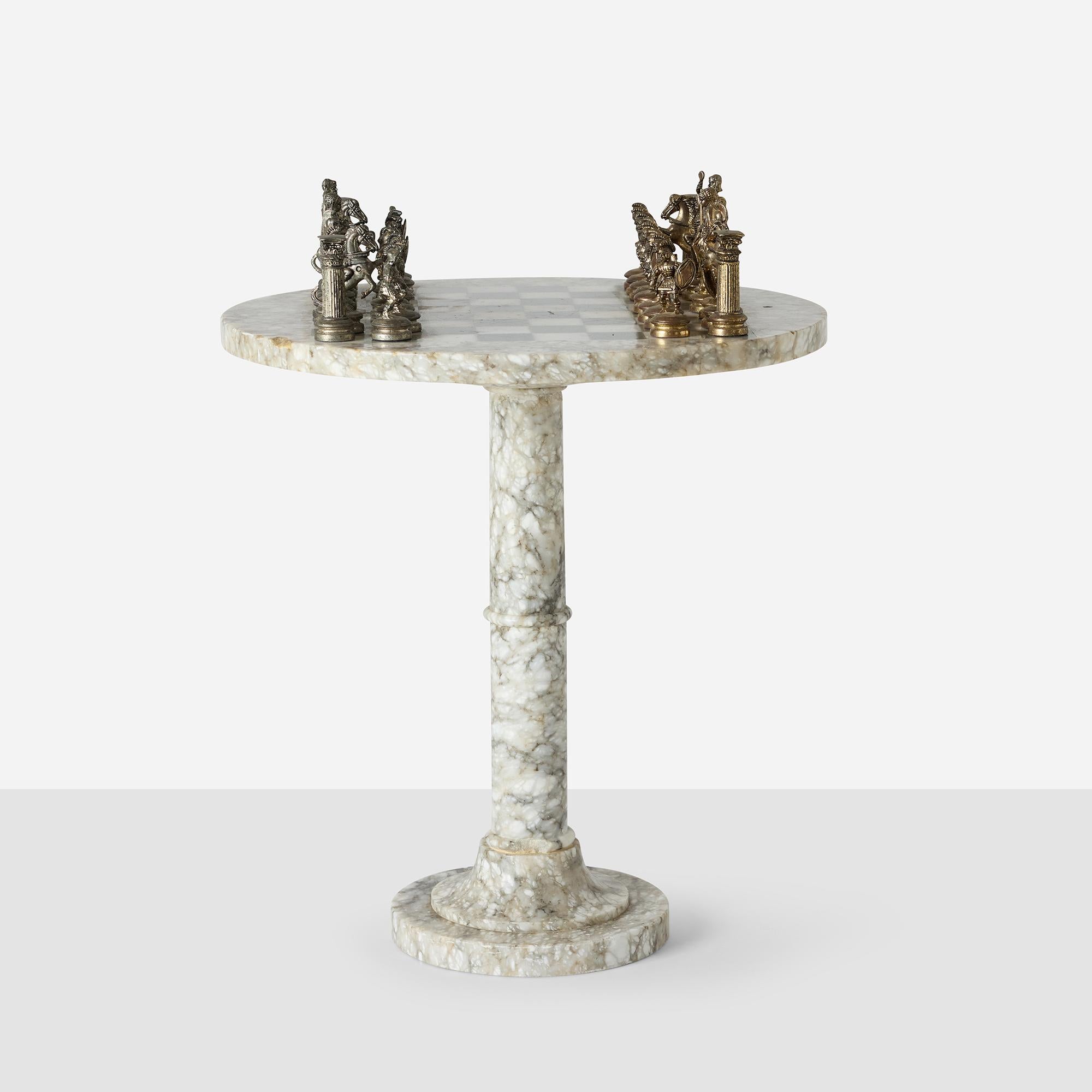 Modern Romans vs Greeks Chess Set with Marble Pedestal Table For Sale