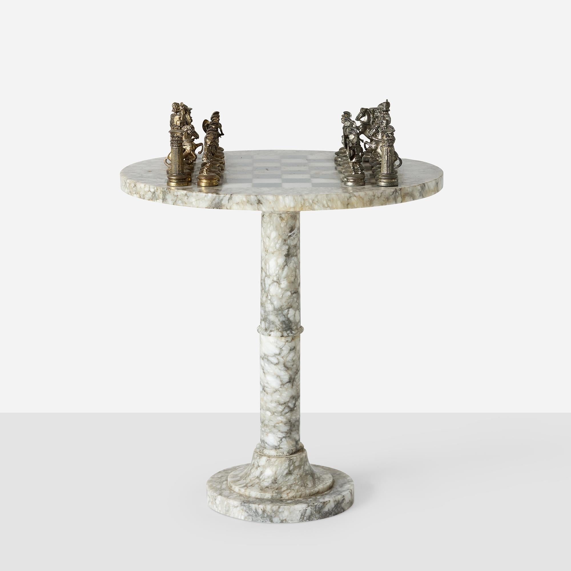 Romans vs Greeks Chess Set with Marble Pedestal Table In Good Condition For Sale In San Francisco, CA
