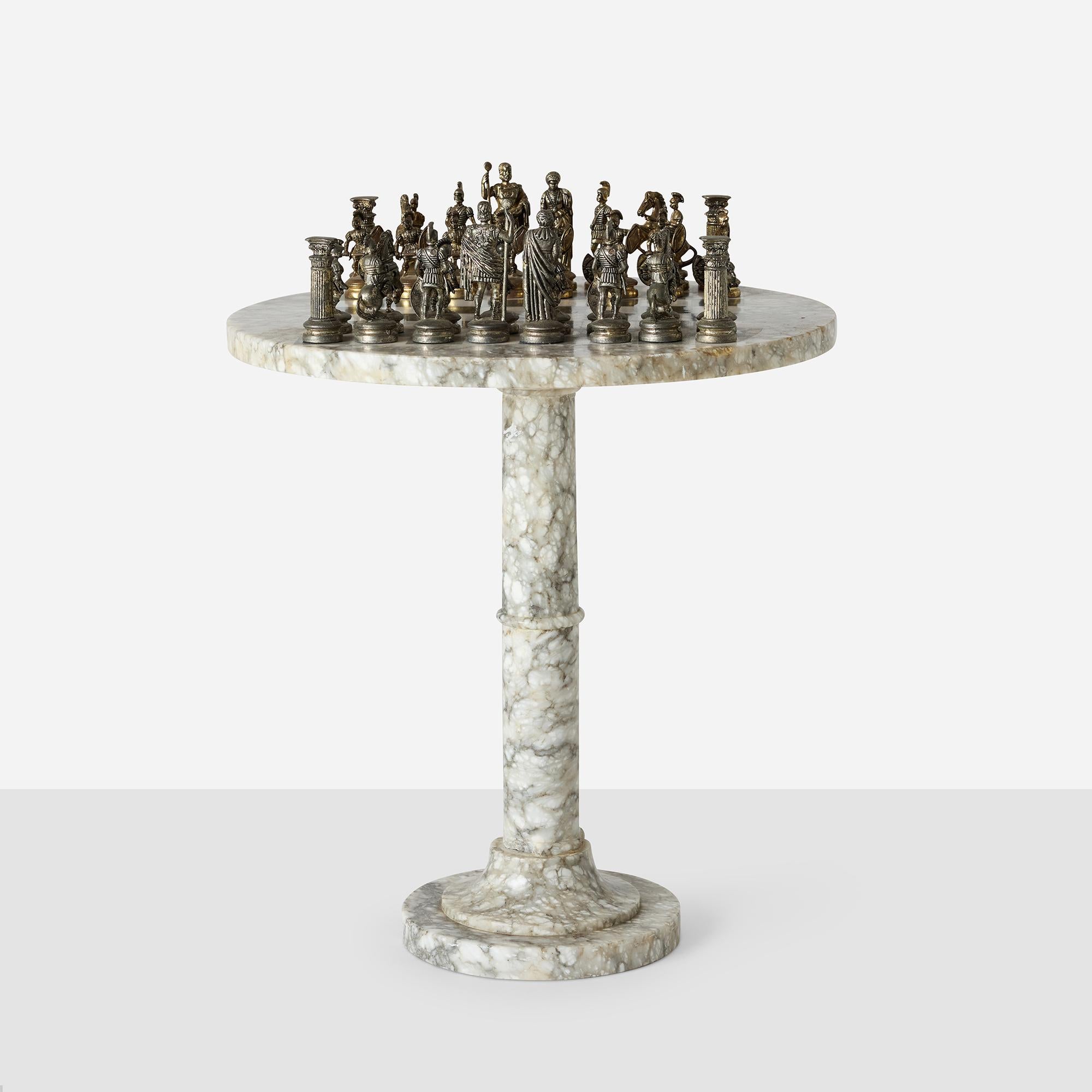 20th Century Romans vs Greeks Chess Set with Marble Pedestal Table For Sale