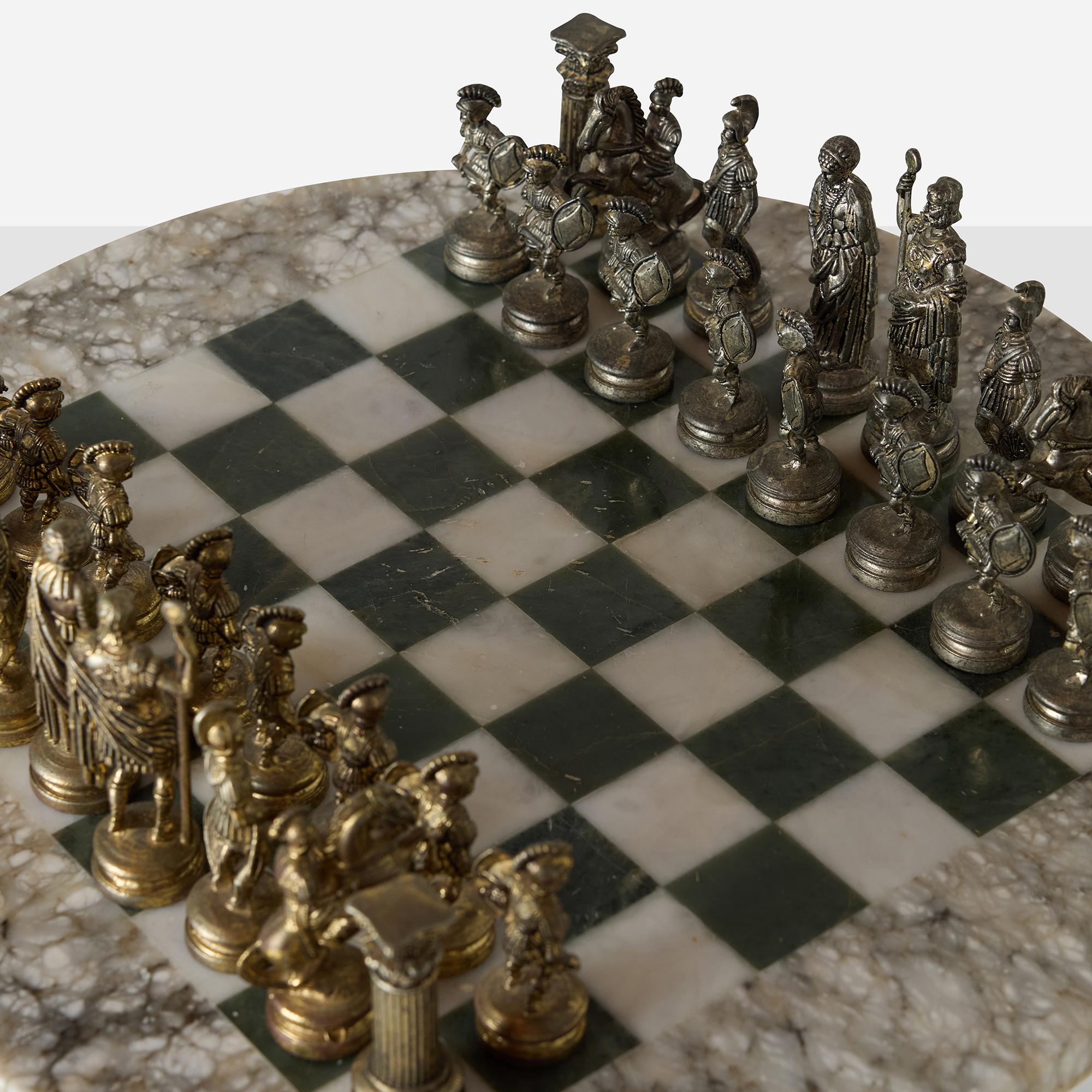 Romans vs Greeks Chess Set with Marble Pedestal Table For Sale 1