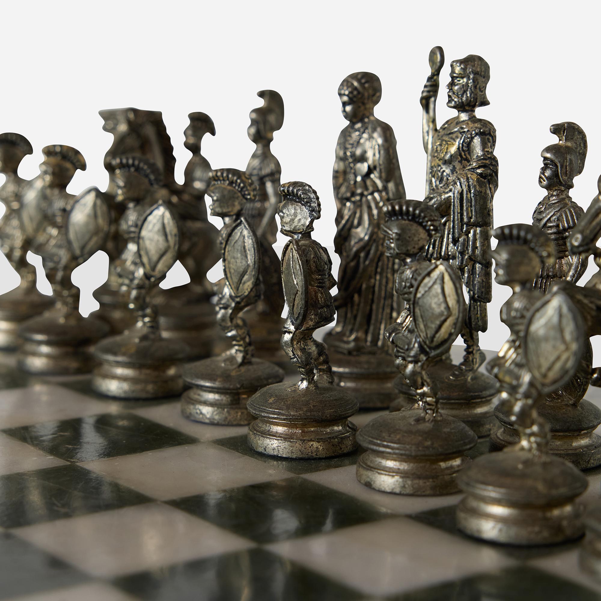 Romans vs Greeks Chess Set with Marble Pedestal Table For Sale 2