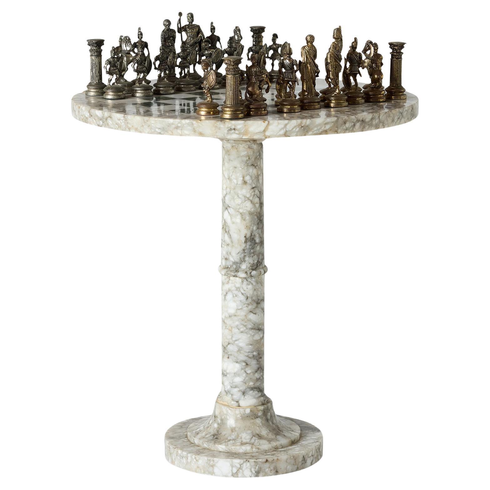 Romans vs Greeks Chess Set with Marble Pedestal Table