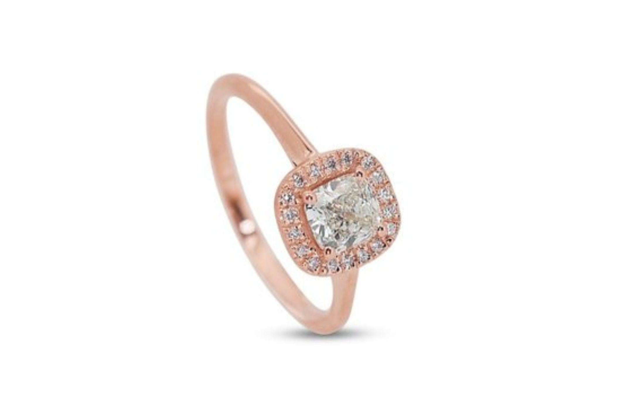 Romantic  1 Carat Cushion Diamond Ring with Dazzling Side Stones in 18K Pink Gol For Sale 2