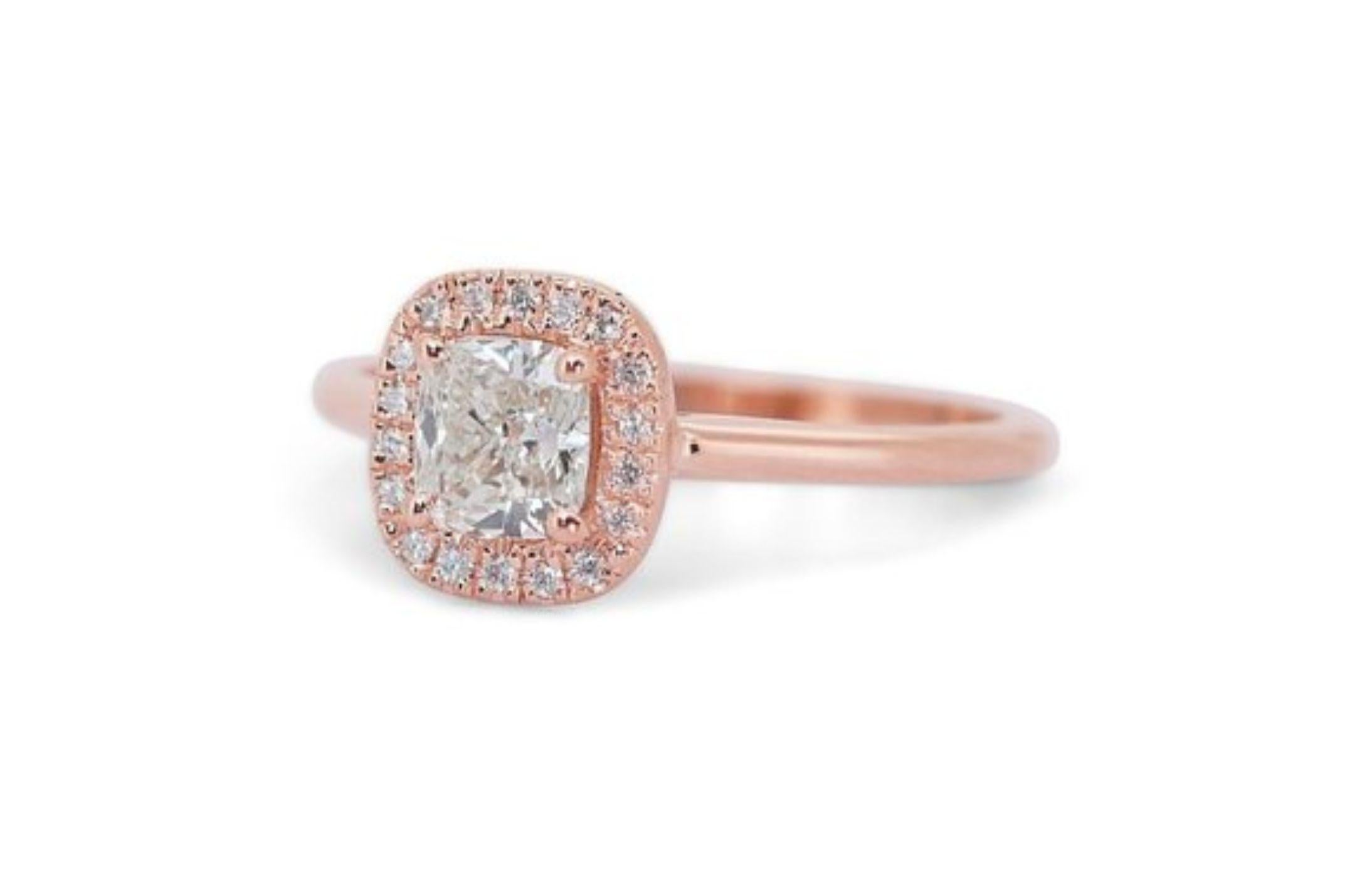 Romantic  1 Carat Cushion Diamond Ring with Dazzling Side Stones in 18K Pink Gol For Sale 4