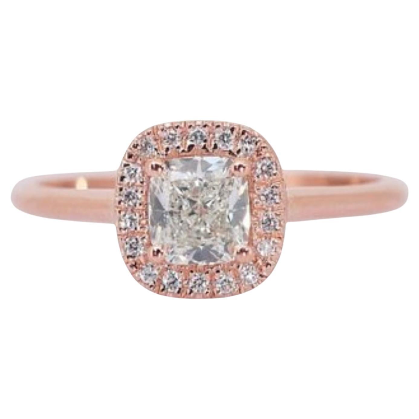 Romantic  1 Carat Cushion Diamond Ring with Dazzling Side Stones in 18K Pink Gol For Sale